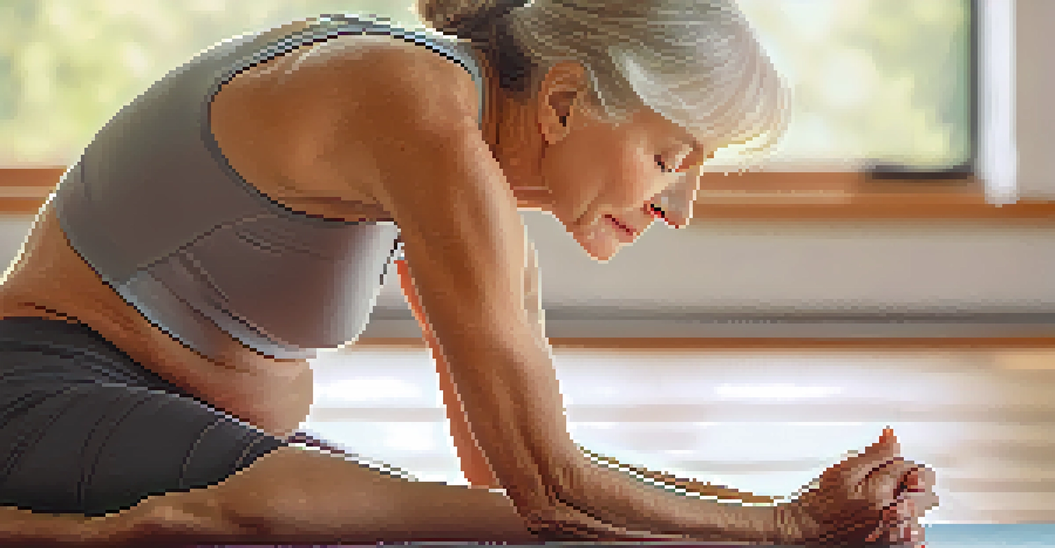 A senior woman practicing mindful breathing during yoga, with a peaceful expression in a softly lit studio.