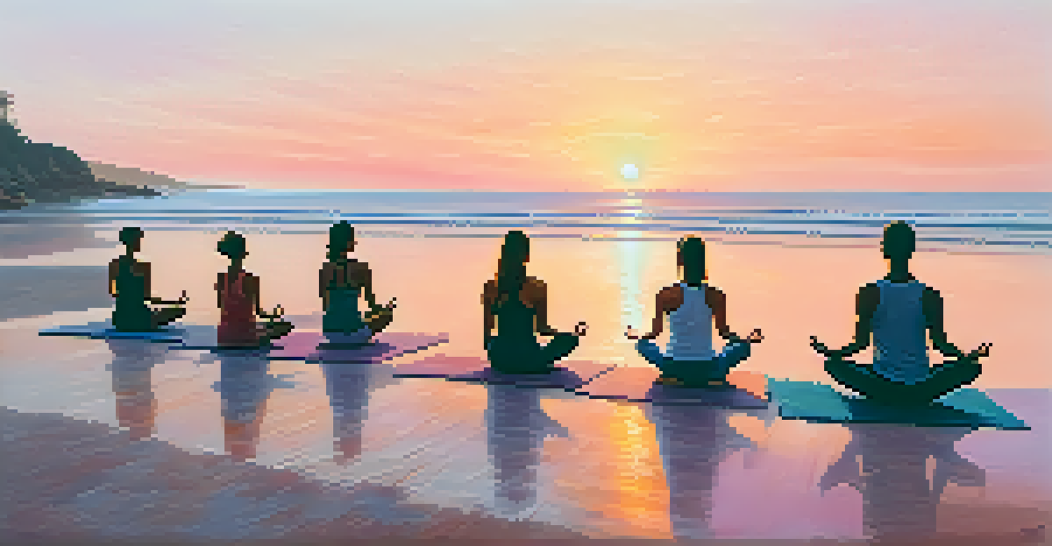 People practicing yoga on a beach at sunrise, with the sun rising and waves gently crashing in the background.