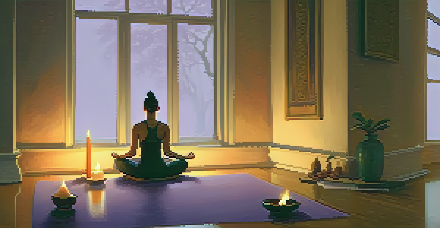 A person meditating on a yoga mat with a flickering candle in a softly lit room.
