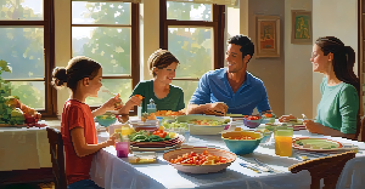 A family enjoying a mindful meal together, with colorful food on the table and soft natural light creating a warm atmosphere.