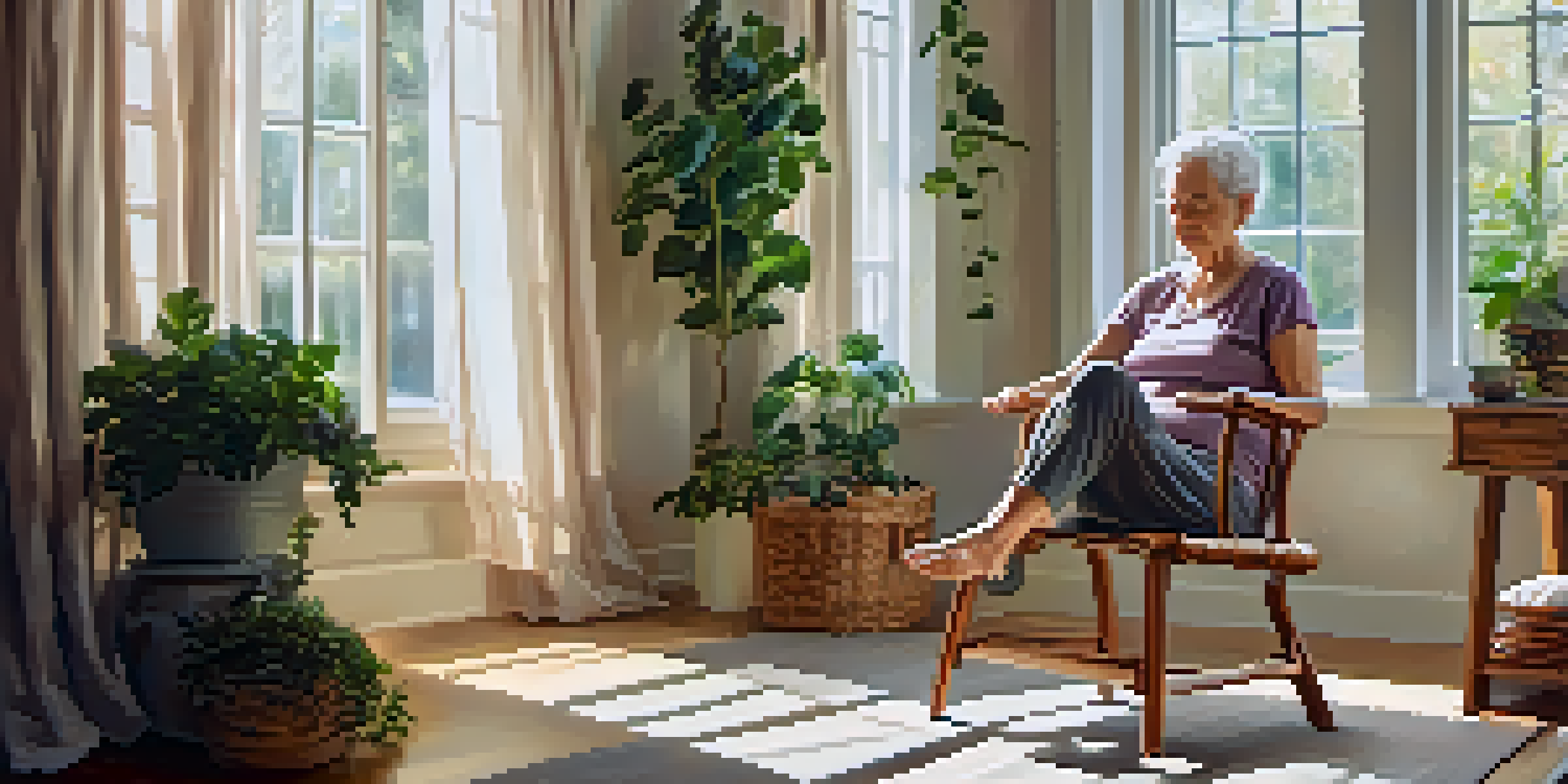 An elderly woman practicing chair yoga in a bright room, bending forward while seated on a chair, surrounded by plants and soft cushions.