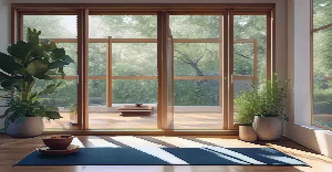 A serene yoga studio with natural light, wooden floors, yoga mats, and a bowl of fresh fruits and herbal tea on a table.