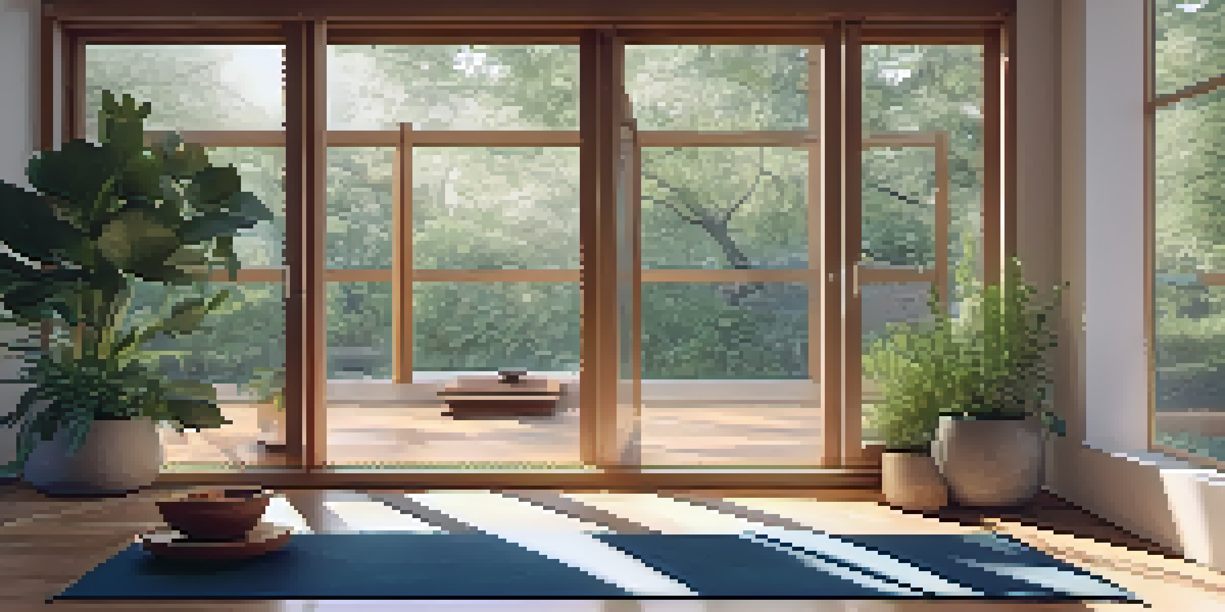 A serene yoga studio with natural light, wooden floors, yoga mats, and a bowl of fresh fruits and herbal tea on a table.