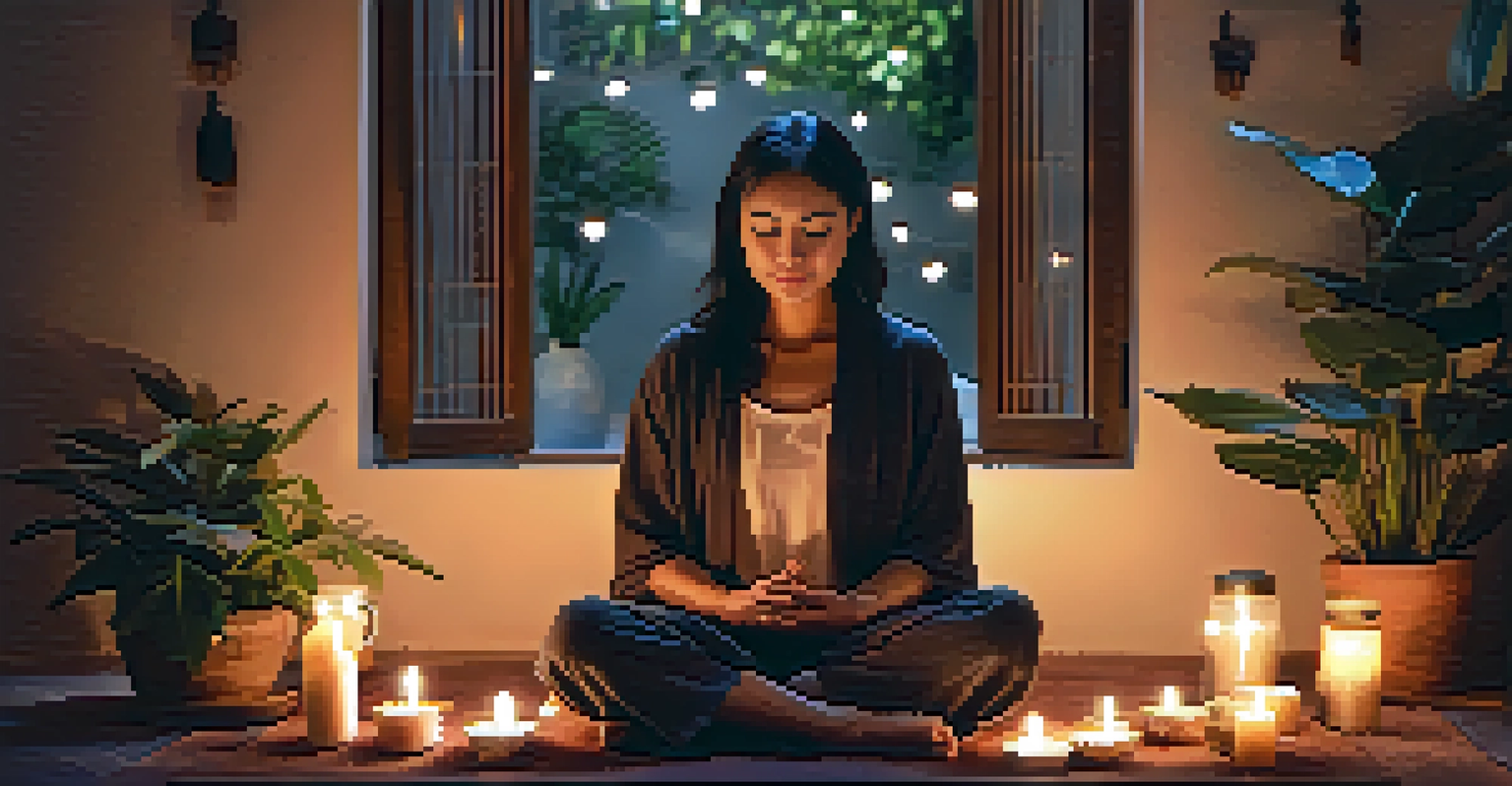 A person meditating indoors on a mat, surrounded by candles and plants in soft light.