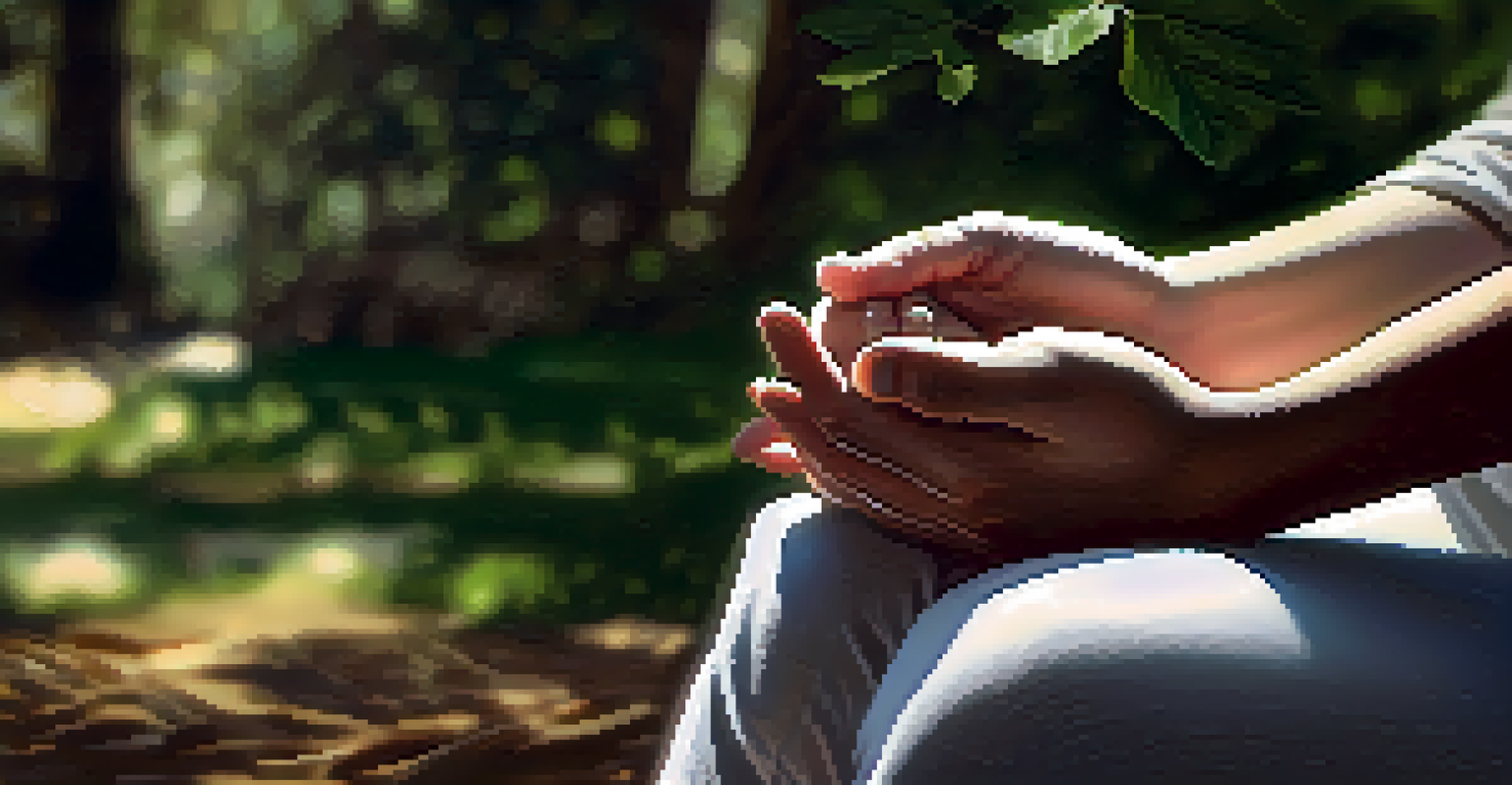 Close-up of hands in a meditative gesture with a soft-focus background of sunlight filtering through trees.