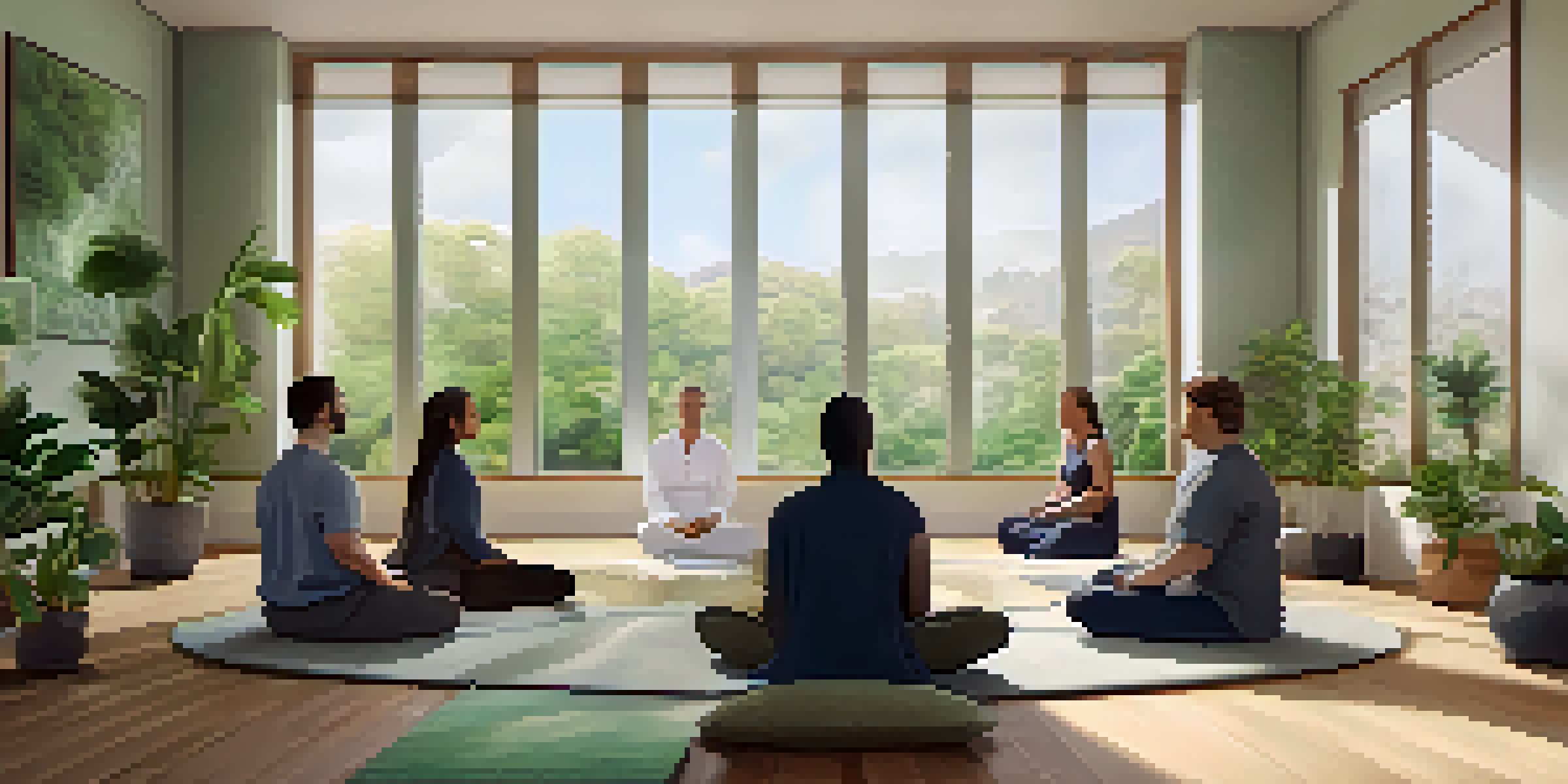 A diverse group of leaders sitting in a circle in a well-lit office, practicing breathwork with calm expressions and surrounded by plants.