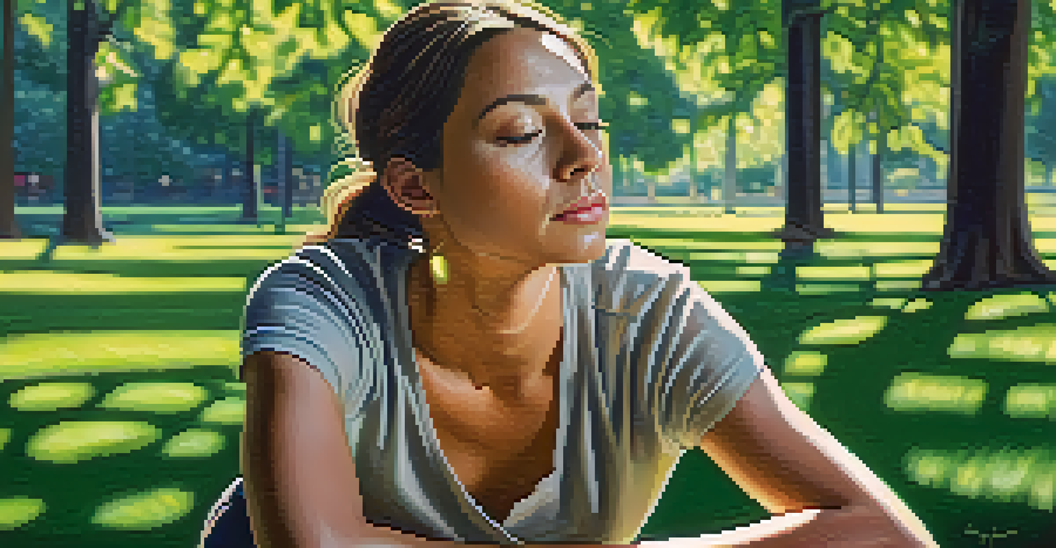 A person practicing Pigeon Pose in a green park, surrounded by trees and sunlight filtering through the leaves.