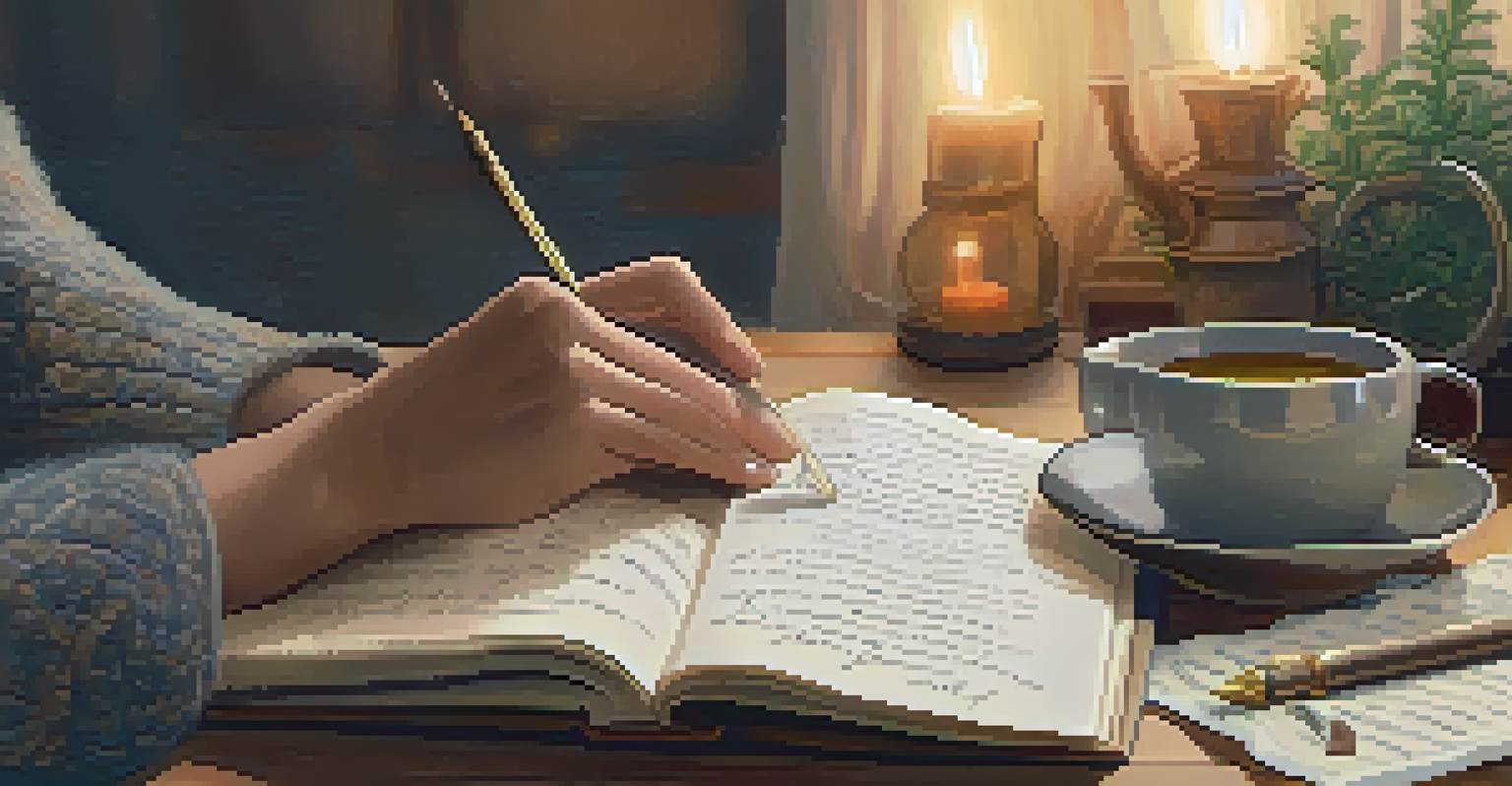 Close-up of hands journaling next to a candle and tea, creating a cozy and reflective atmosphere.