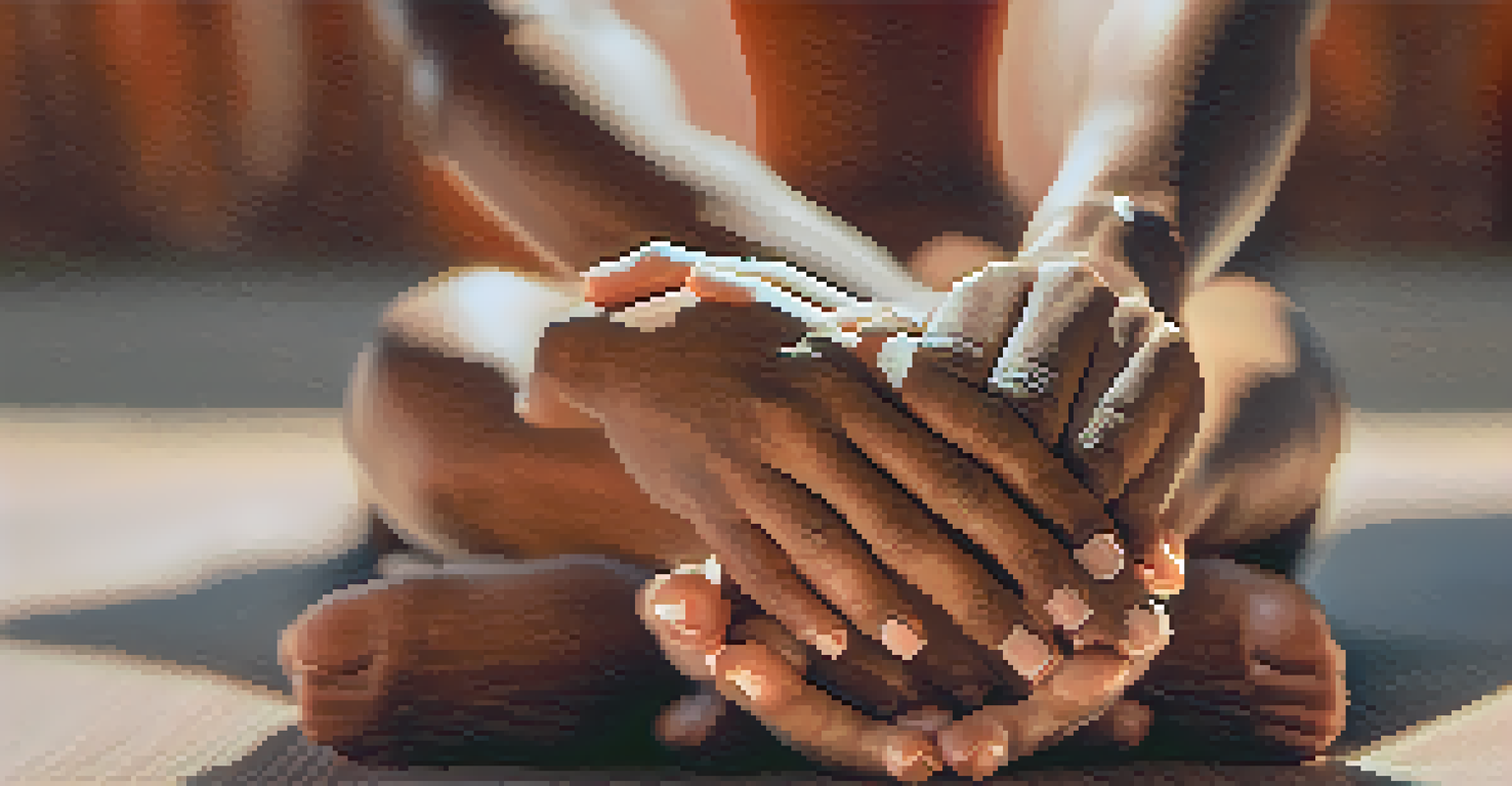 Close-up of hands supporting each other during partner yoga, highlighting connection and diversity.