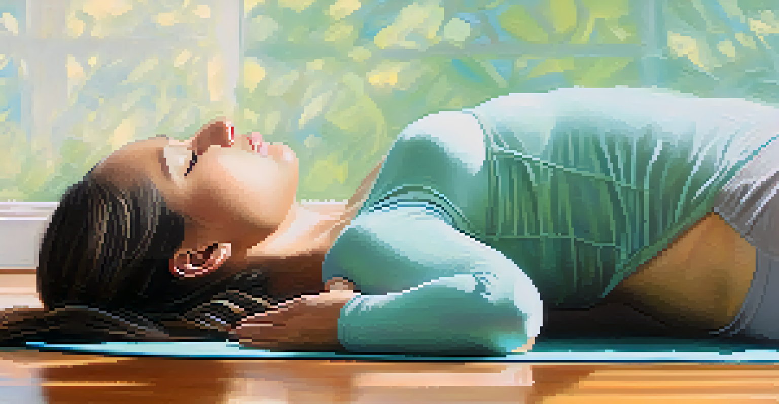 A close-up of a person practicing deep belly breathing on a yoga mat, with soothing colors in the background.