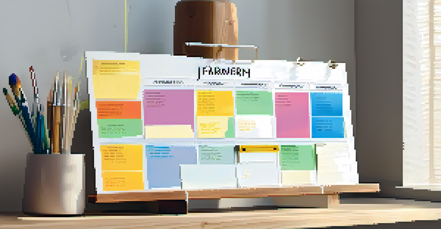 An organized calendar on a wooden desk, showing a blend of work, family, and self-care activities with colorful sticky notes.