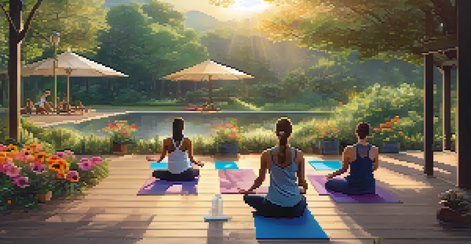 A peaceful outdoor yoga class at sunrise in a lush green environment, with participants practicing yoga on wooden decks.