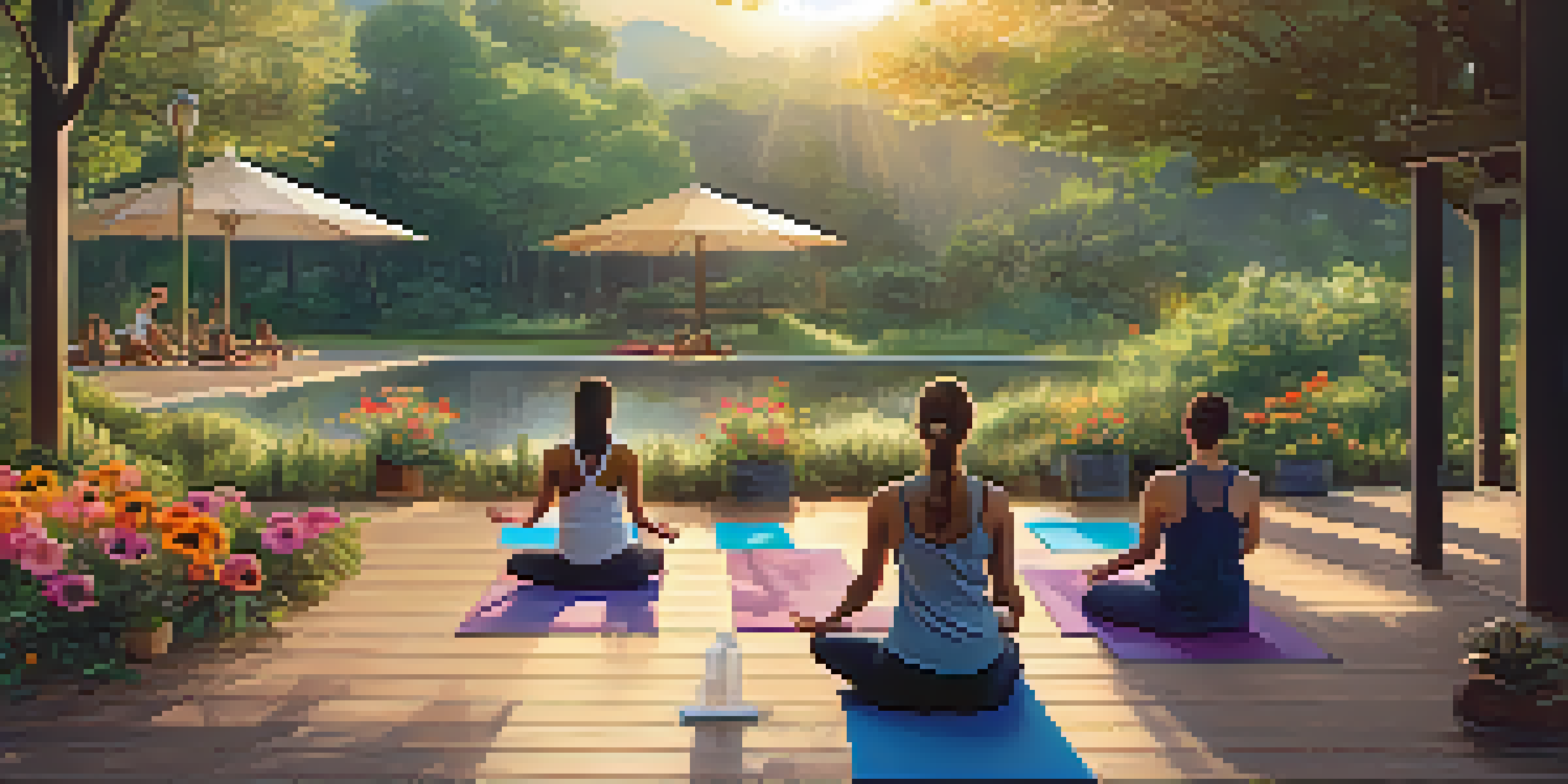 A peaceful outdoor yoga class at sunrise in a lush green environment, with participants practicing yoga on wooden decks.