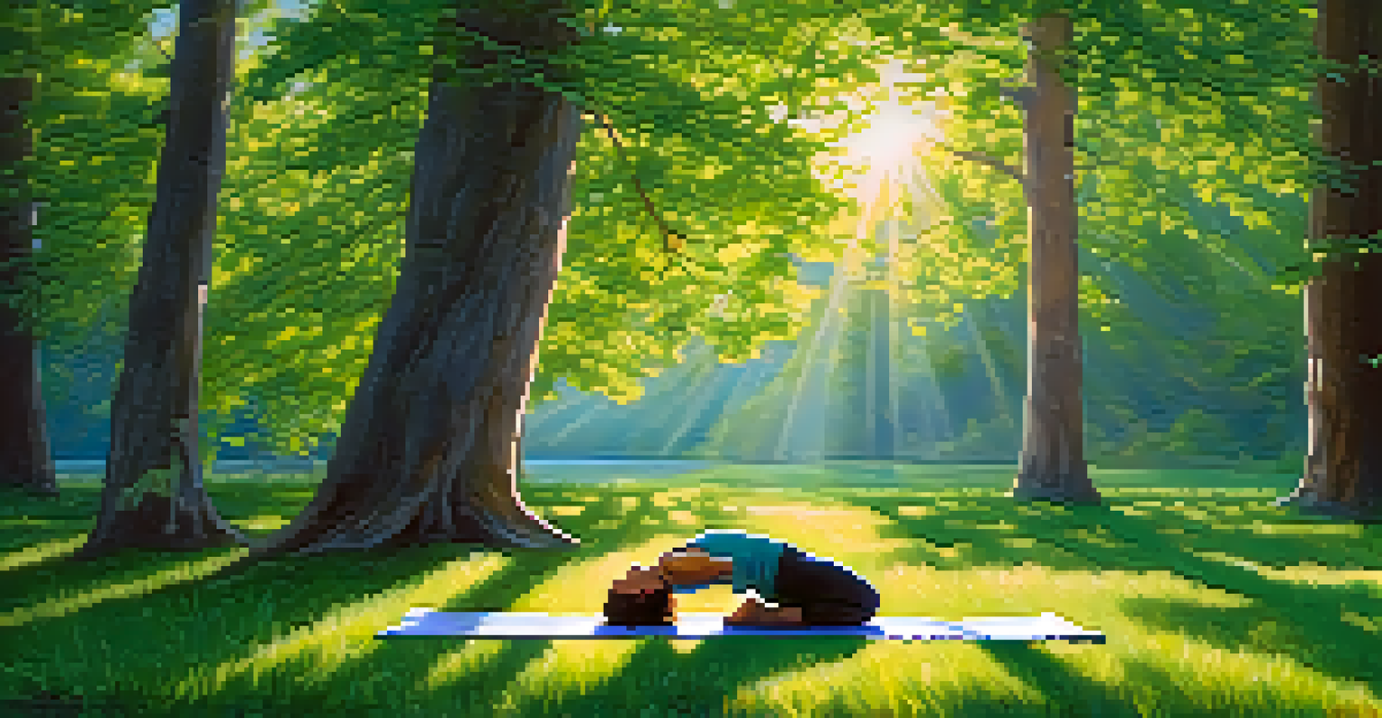 A person practicing yoga outdoors in a serene natural setting with trees and sunlight.