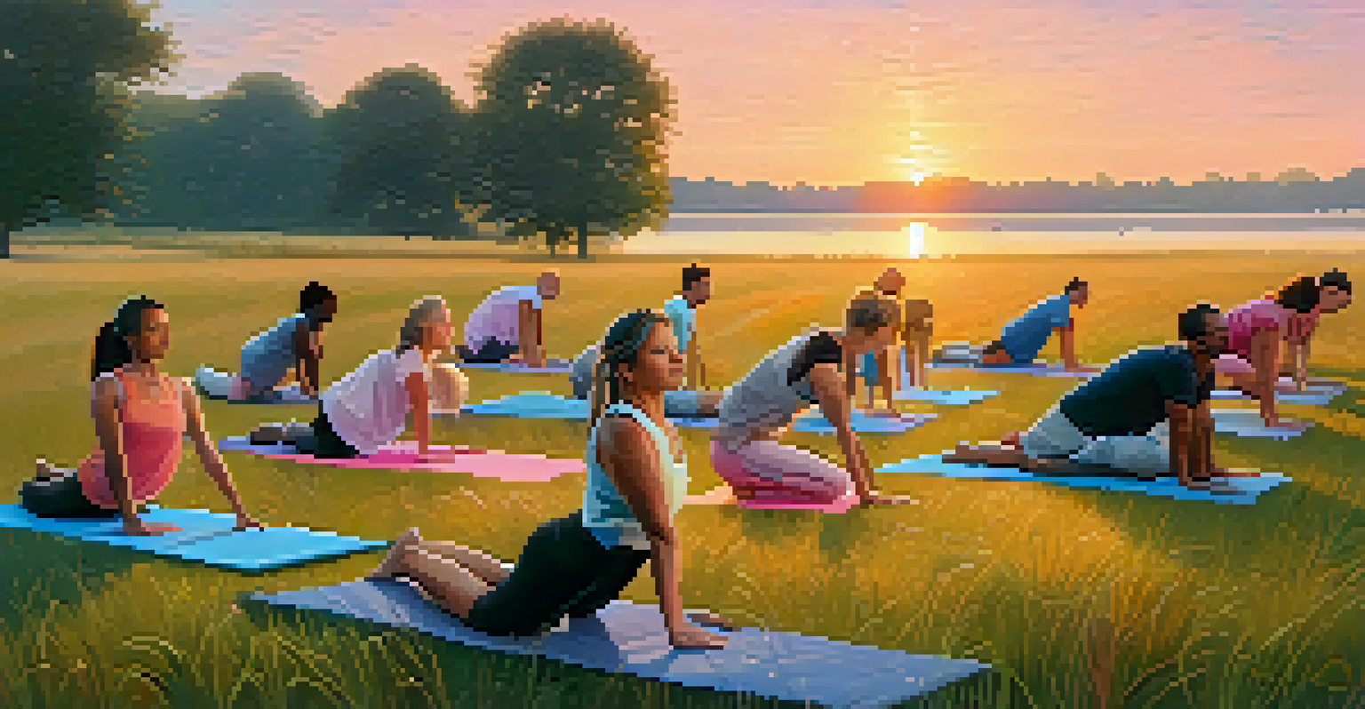 A diverse group of people practicing Forward Bend yoga poses in a grassy field at sunrise.