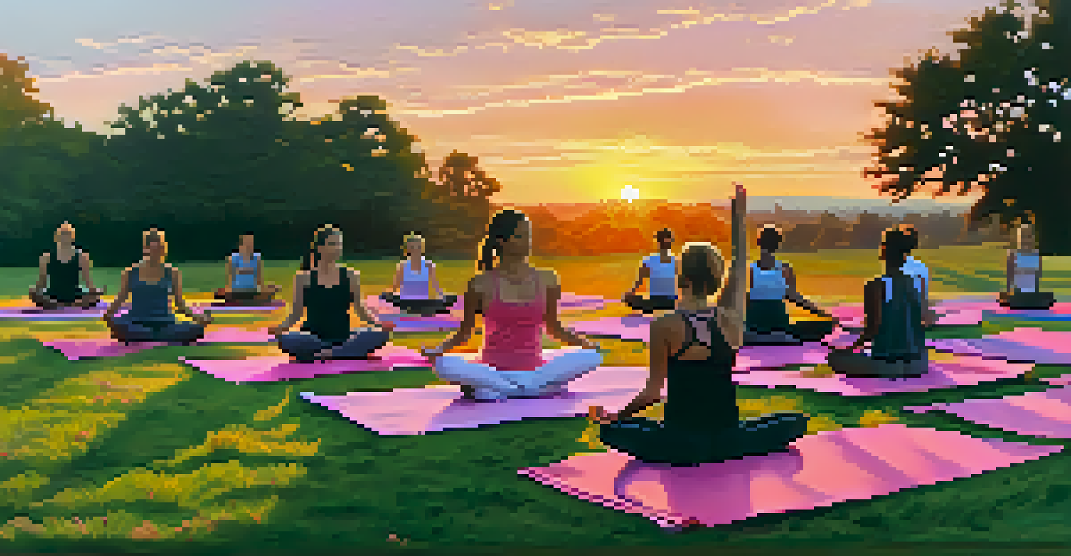 An outdoor yoga class at sunrise with practitioners on colorful mats in a grassy field against a colorful sky.