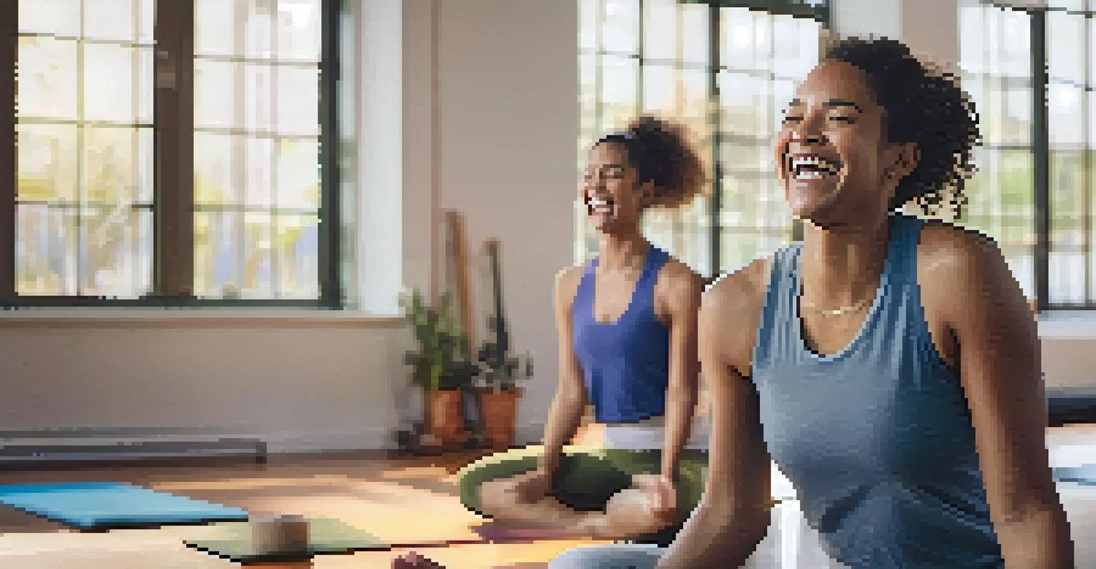 Close-up of two people laughing together in a laughter yoga class, highlighting their joyful expressions.
