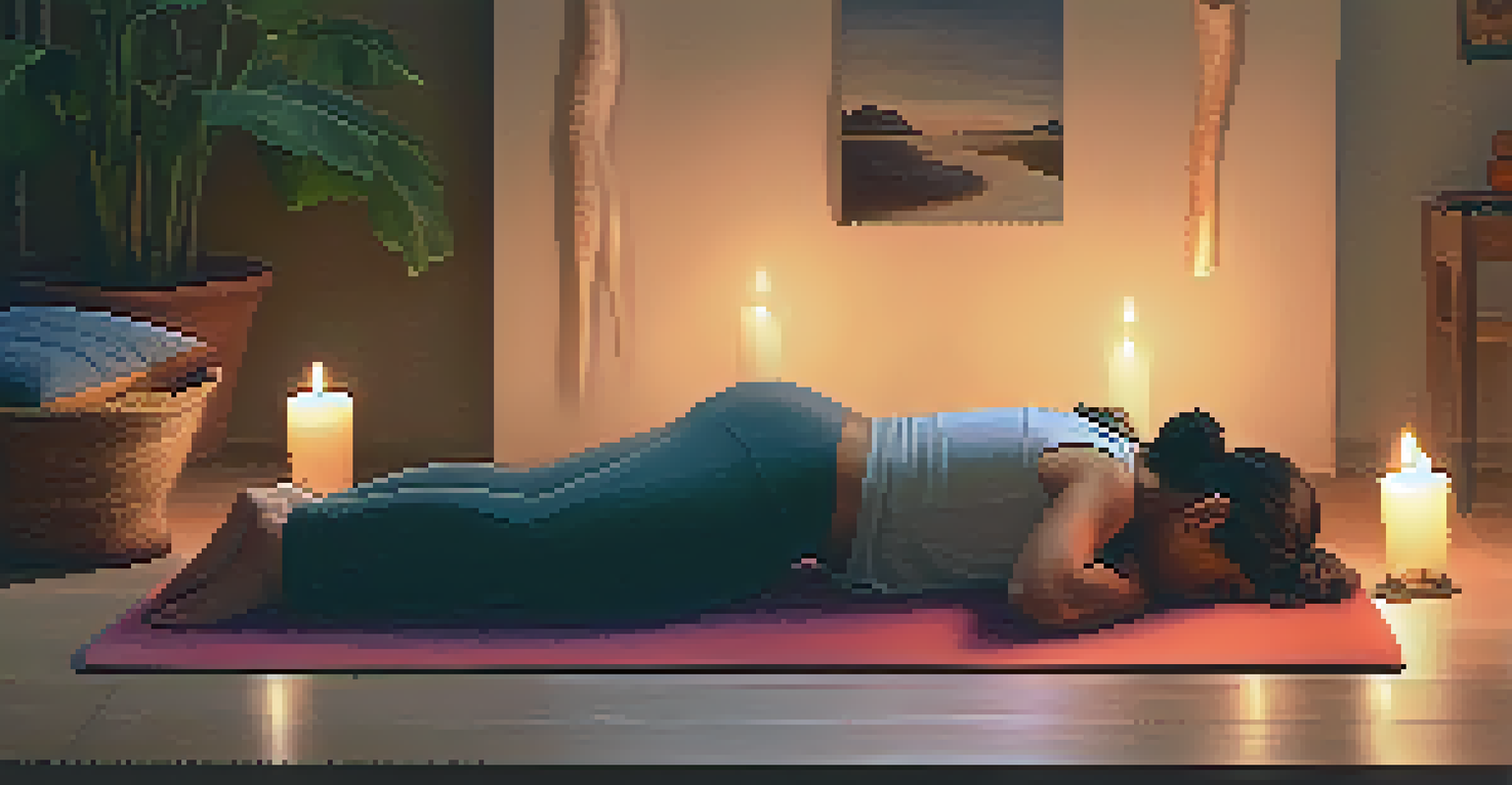 A person in Child's Pose on a yoga mat in a cozy, candlelit room, promoting relaxation and self-care.