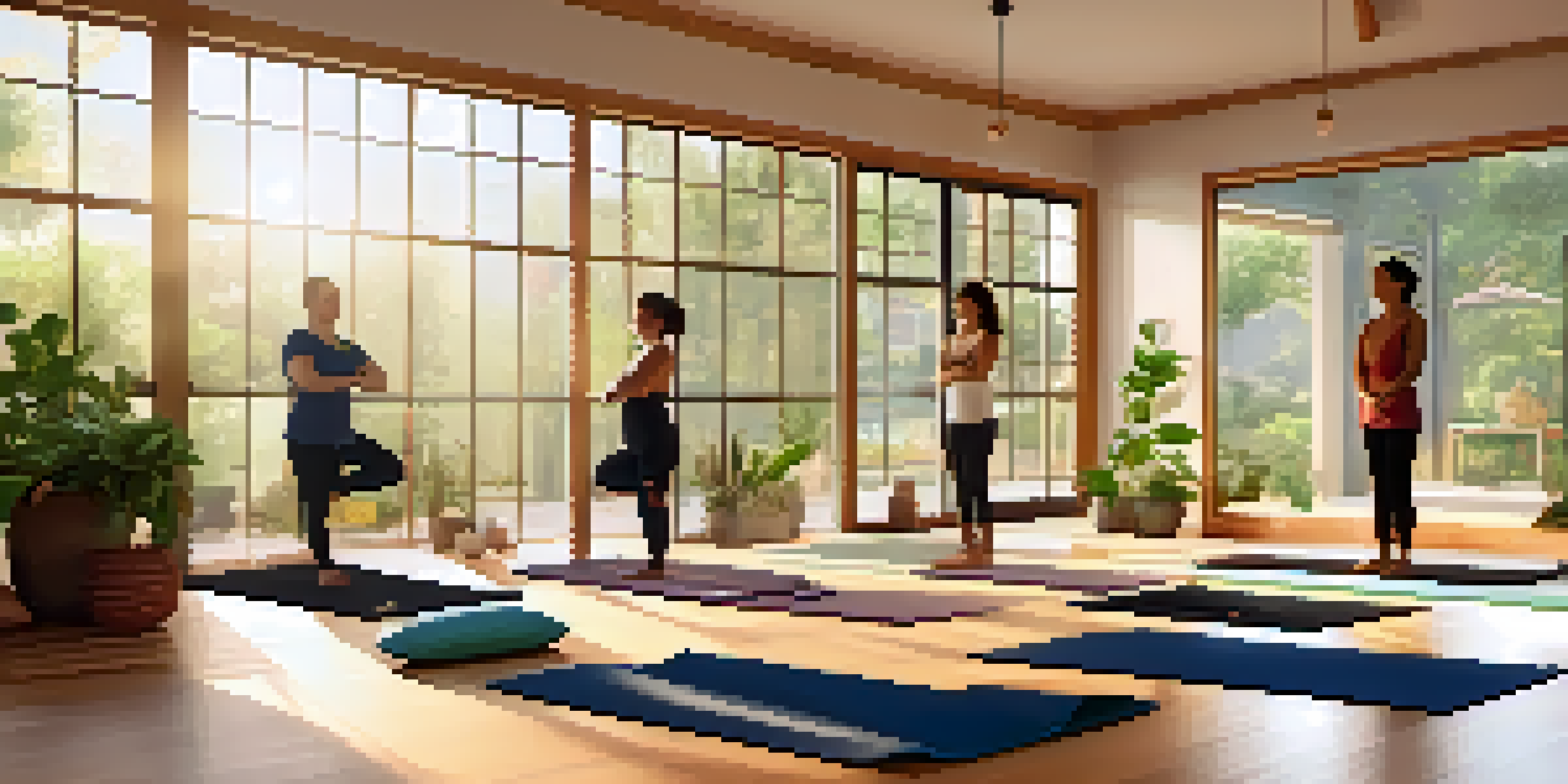 A diverse group of individuals practicing yoga in a serene studio with large windows and natural light, surrounded by greenery.