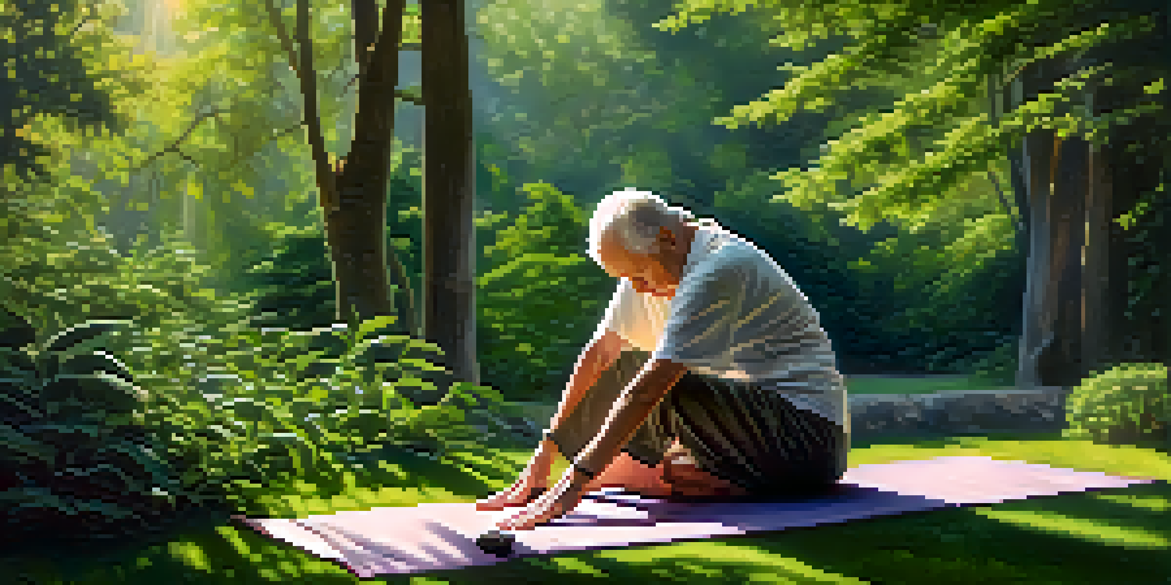 An elderly person in Child's Pose on a yoga mat in a serene outdoor environment with greenery.