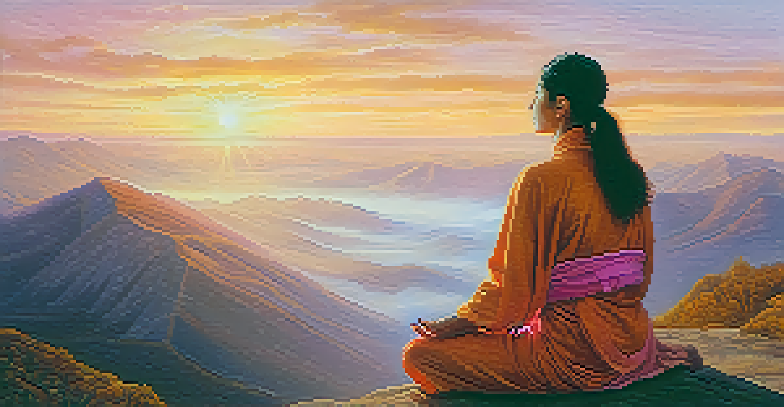 A person meditating on a mountaintop at sunrise with golden light emanating from their head.