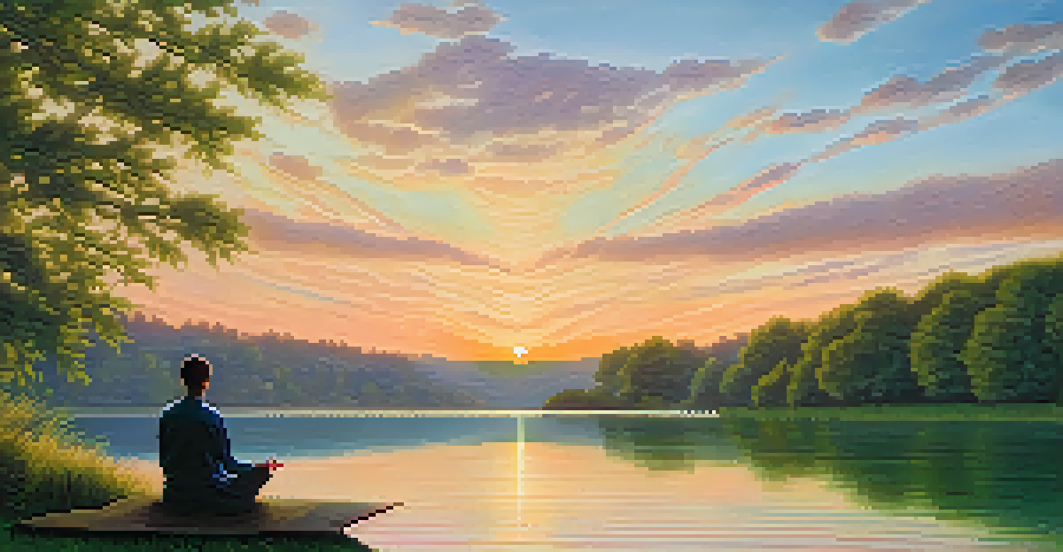 A person meditating by a calm lake at sunset, surrounded by trees, reflecting peace and mindfulness.