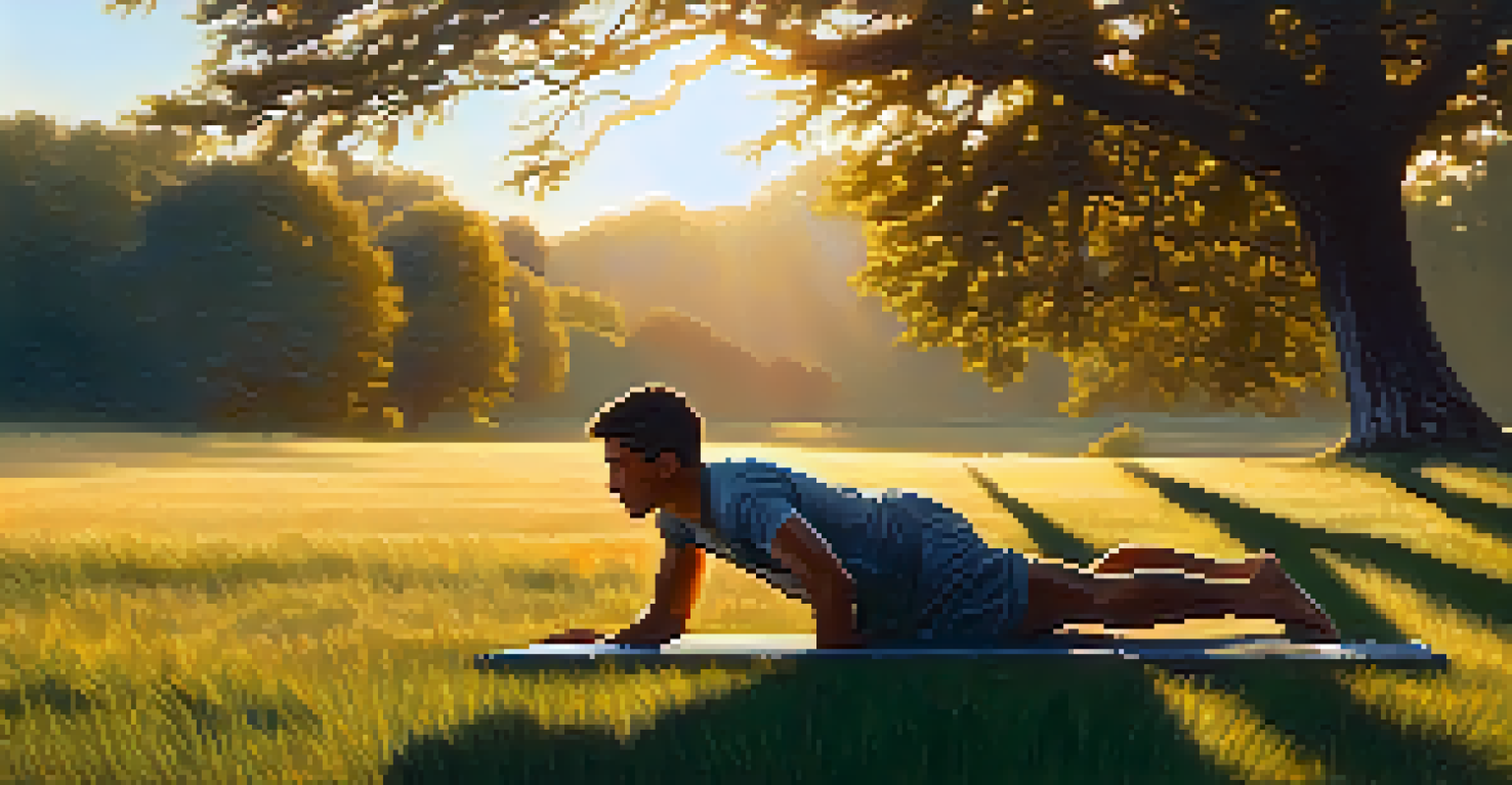 A person holding a plank position in a grassy field during sunset.