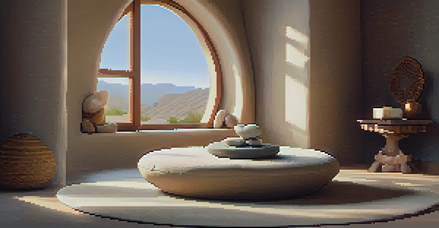 A cozy meditation corner with a cushion, stones, and an altar, illuminated by soft sunlight through sheer curtains.