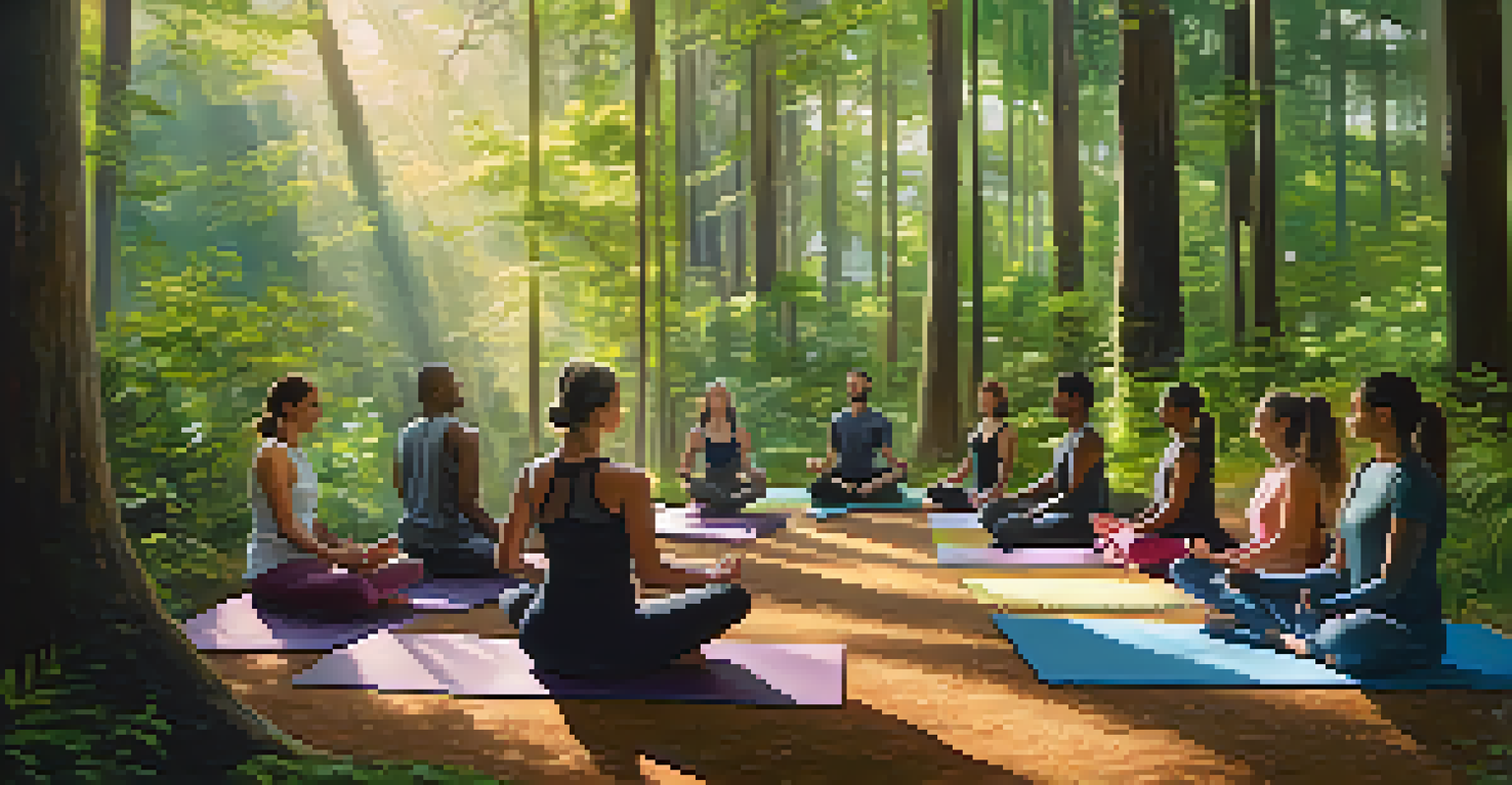 A group meditation session in a forest, with participants seated on colorful yoga mats surrounded by trees.
