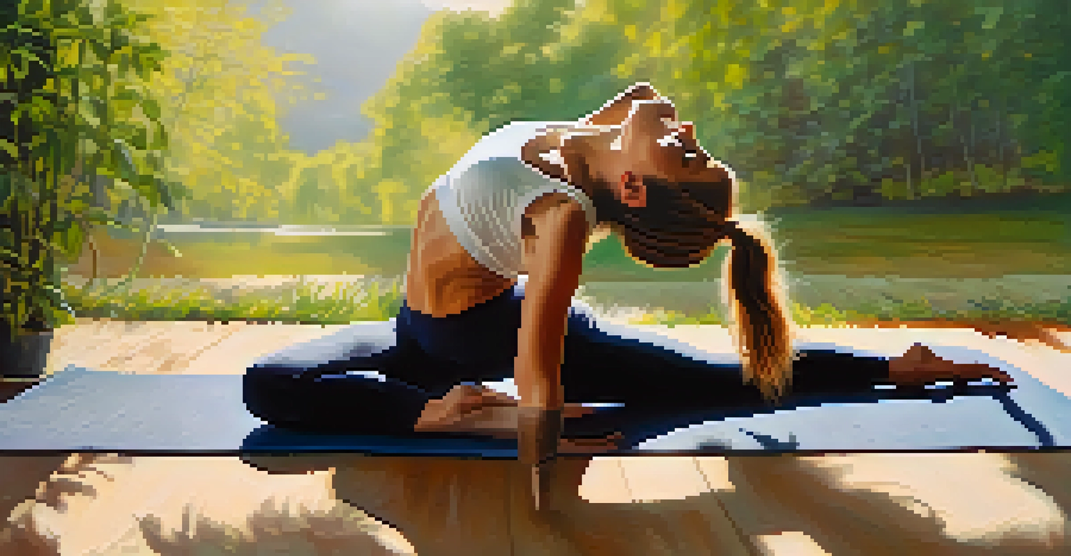 A close-up of a person practicing yoga, focusing on their hands and feet with a blurred nature background.