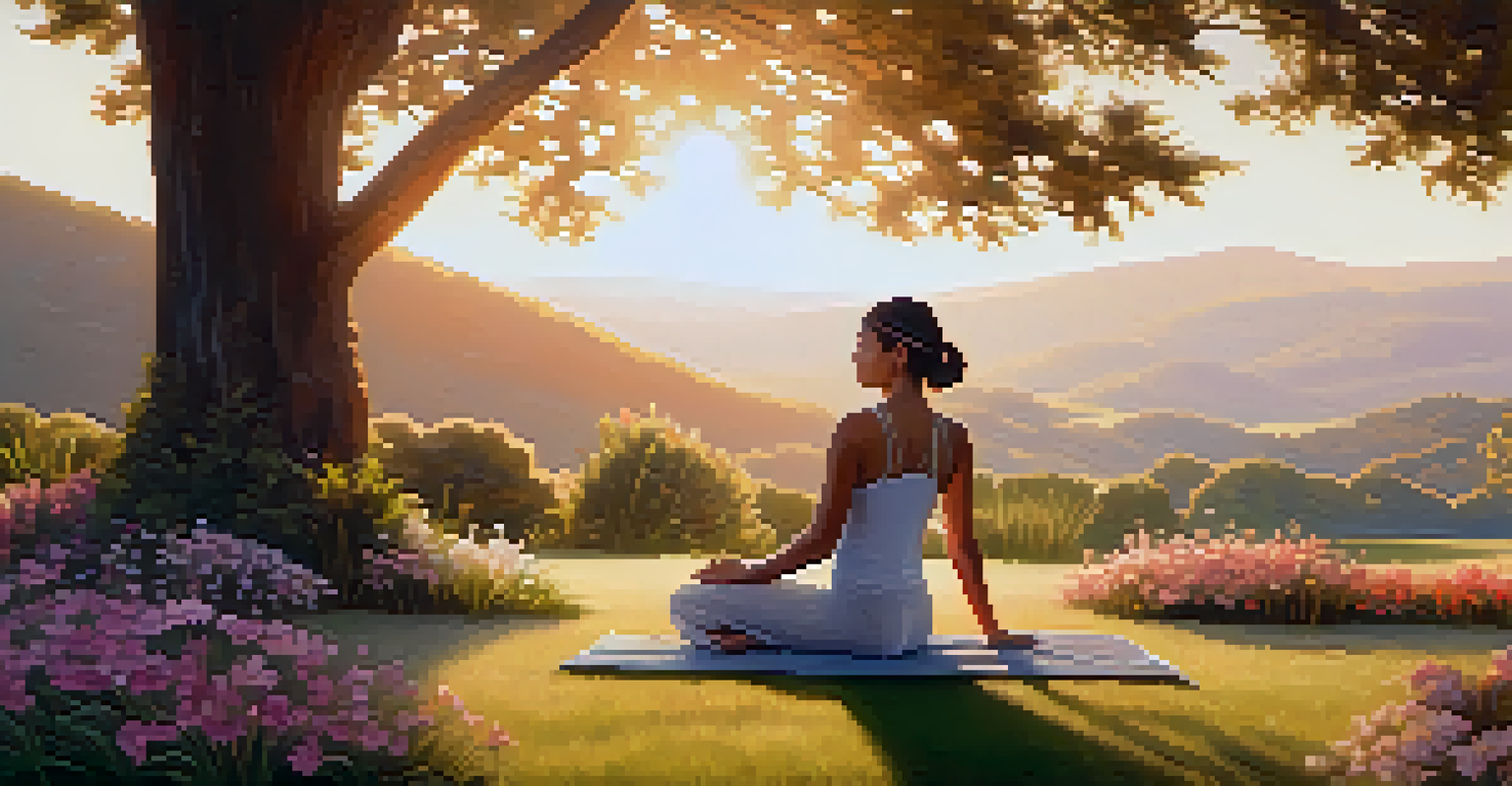 A person practicing Pigeon Pose in a grassy area at sunrise, surrounded by hills and flowers.