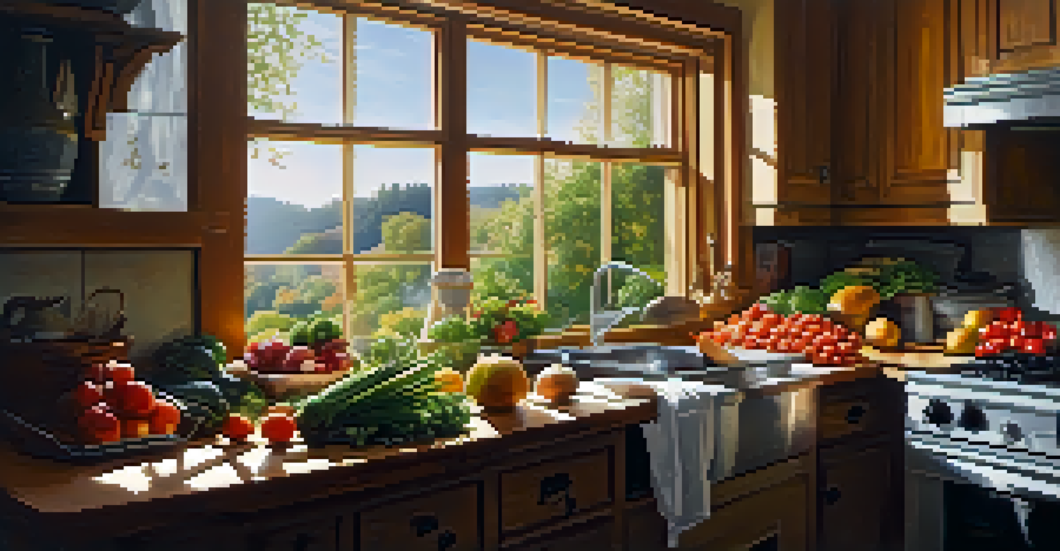 A cozy kitchen with a person preparing healthy food, surrounded by fresh organic ingredients and sunlight streaming in.