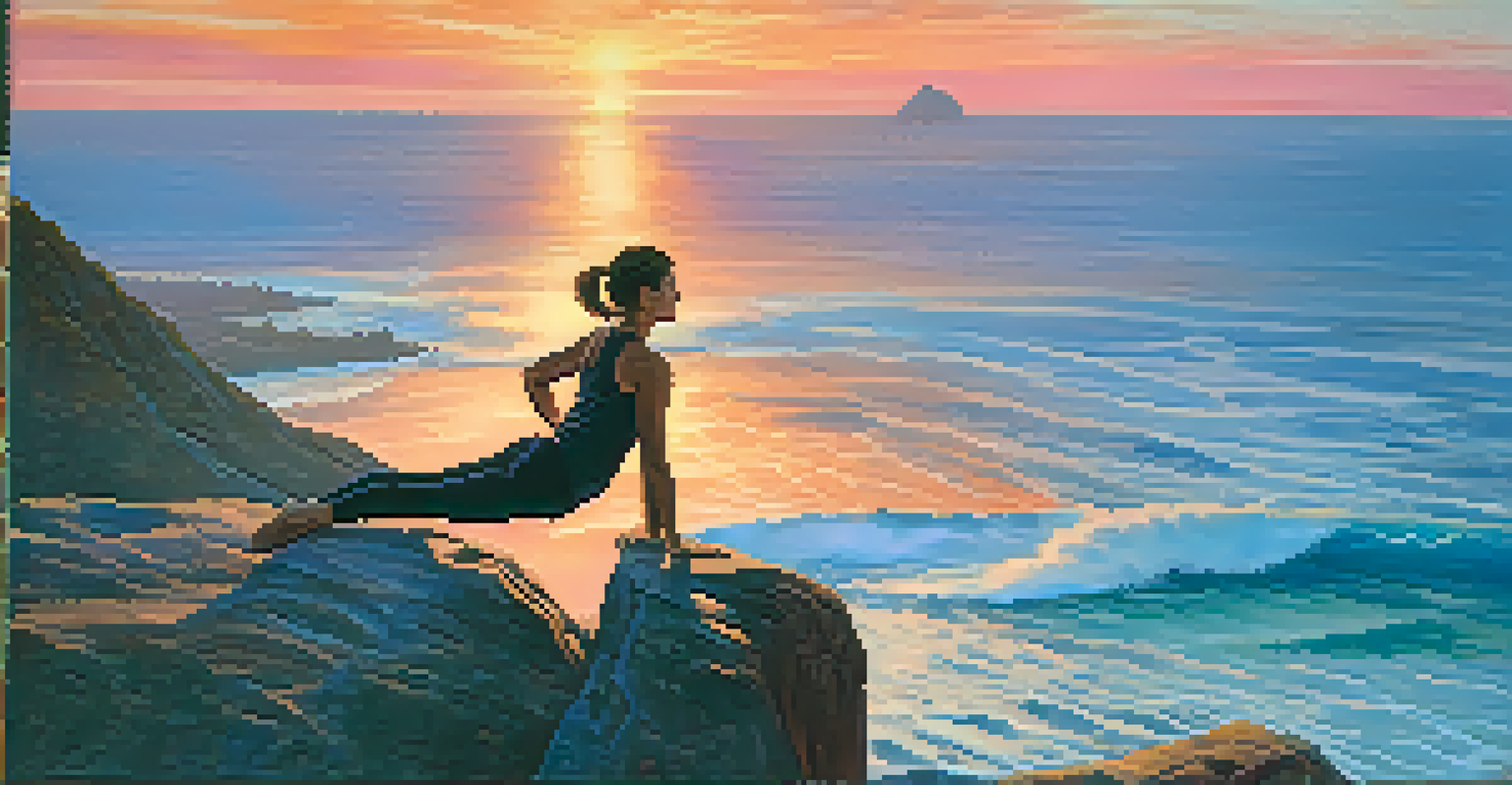 A person in Downward Dog pose on a cliff at sunset, with a beautiful ocean view in the background.