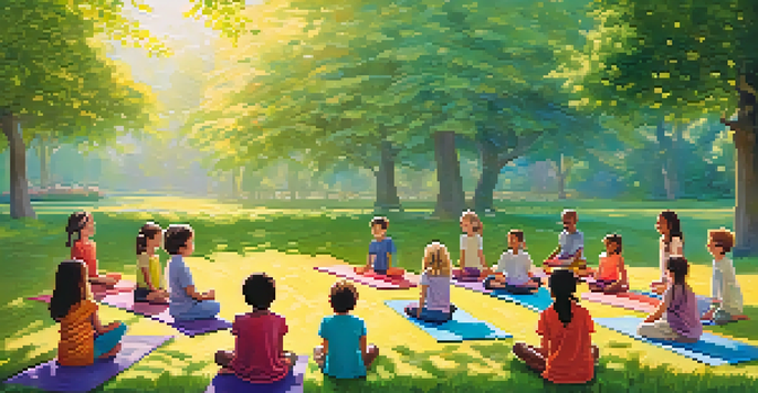 A group of diverse children practicing yoga in a sunny park, performing playful poses on colorful mats with greenery and flowers around them.