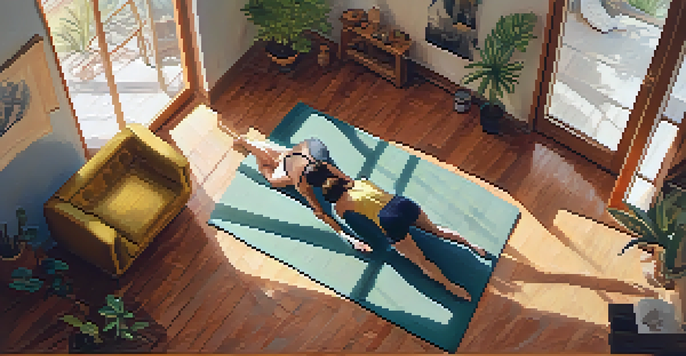 Two people practicing yoga in a cozy living room, performing the Cat-Cow stretch with natural light enhancing the scene.