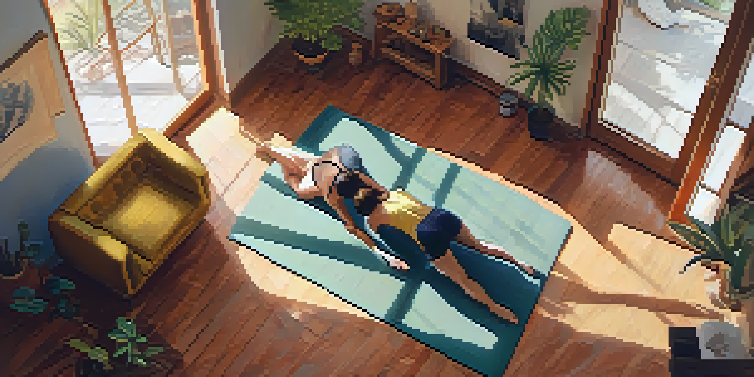 Two people practicing yoga in a cozy living room, performing the Cat-Cow stretch with natural light enhancing the scene.