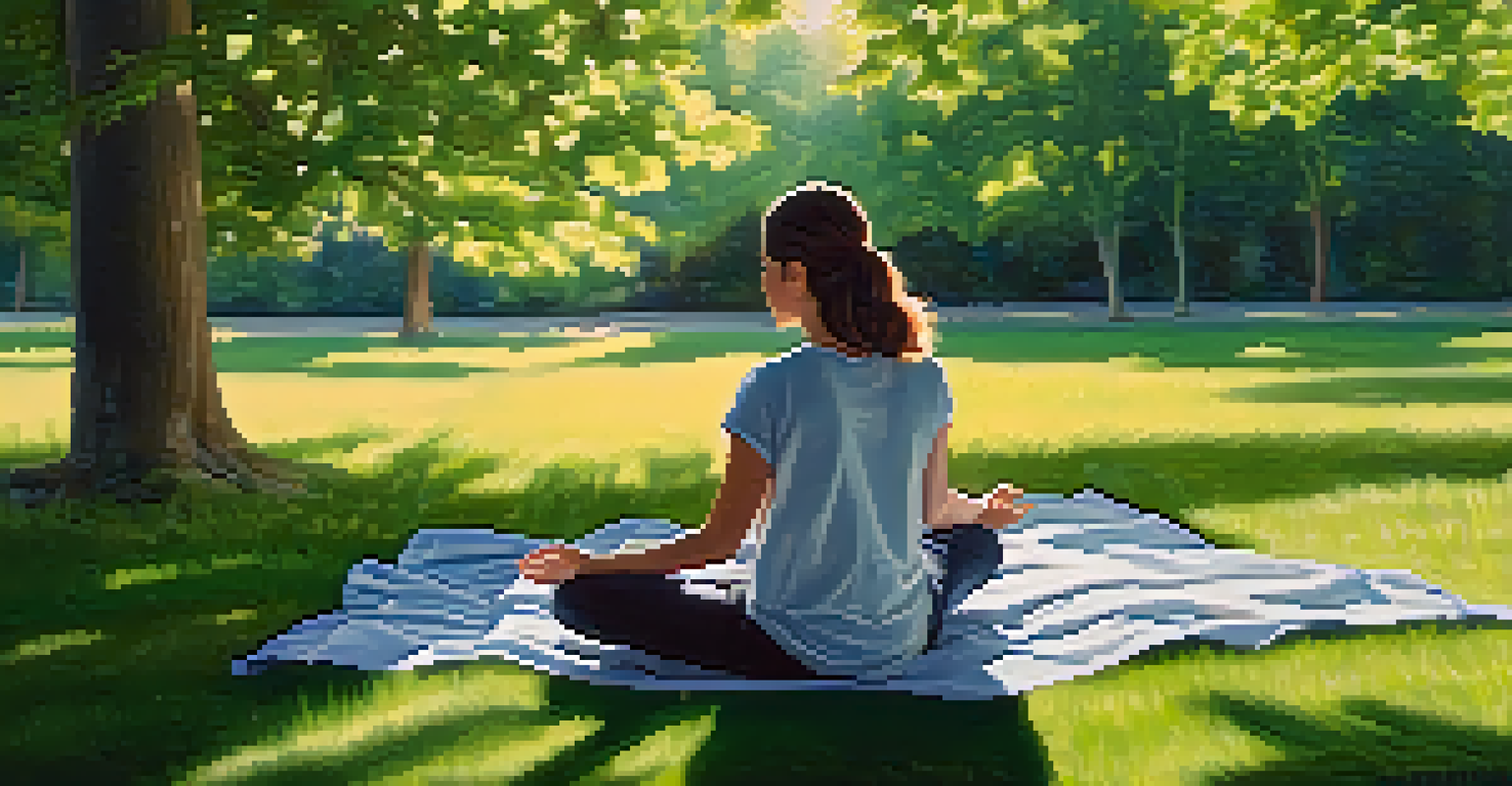 A person practicing mindfulness in a peaceful park, surrounded by trees and sunlight.