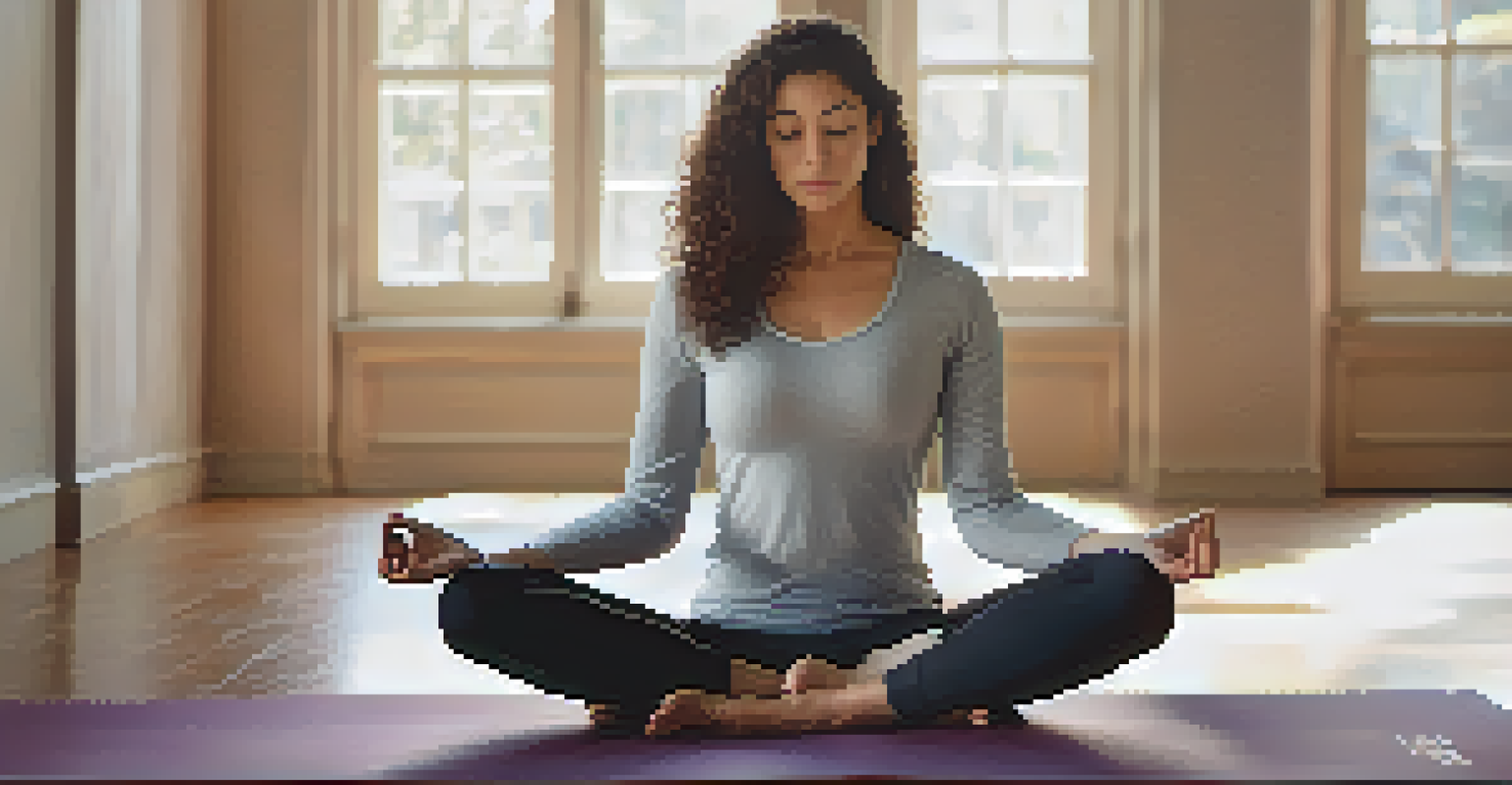 A woman sitting cross-legged on a yoga mat, practicing deep belly breathing with a serene expression.