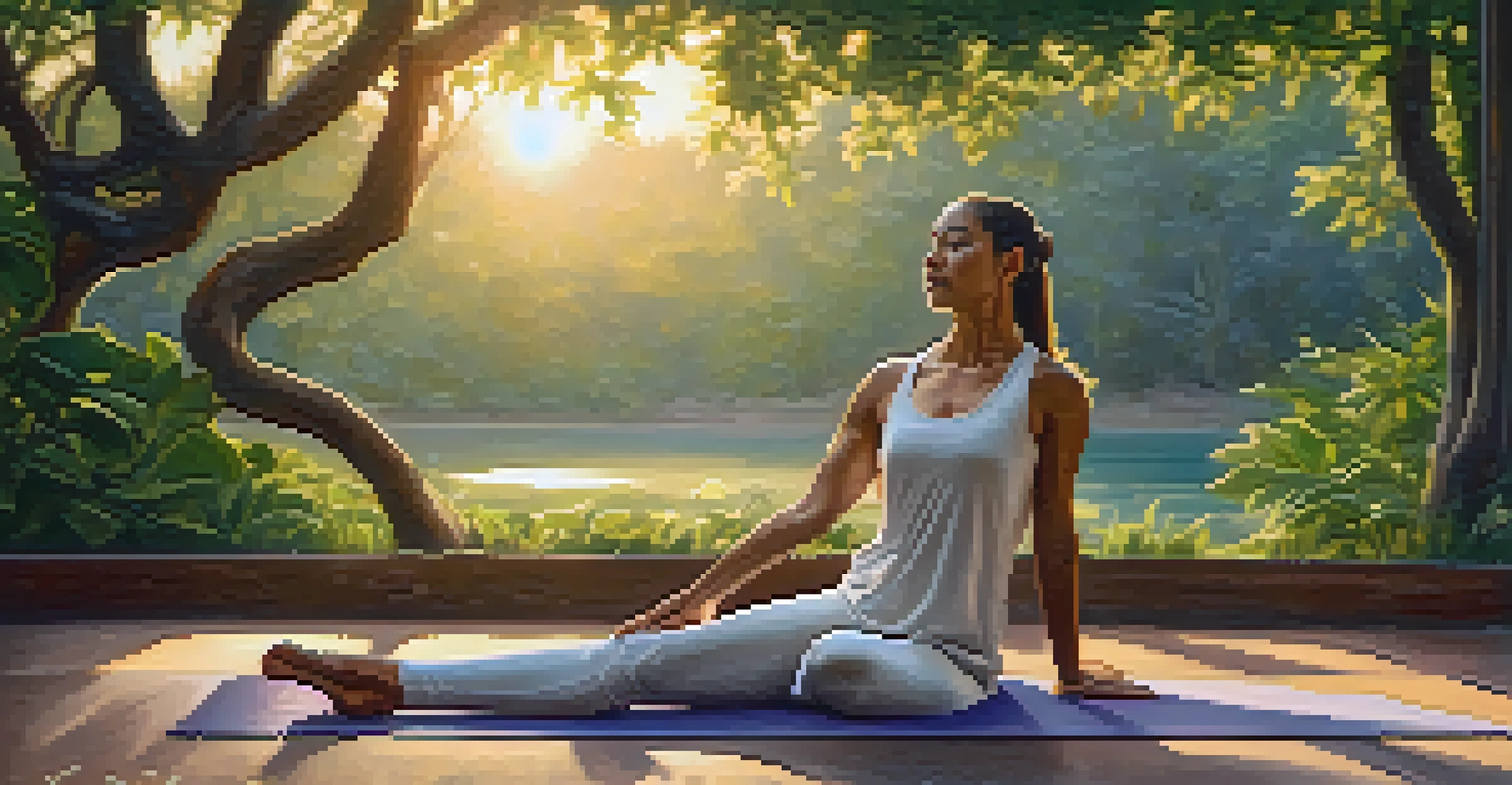A yogi practicing yoga outdoors in a lush green setting during sunset, emphasizing calmness and flexibility.