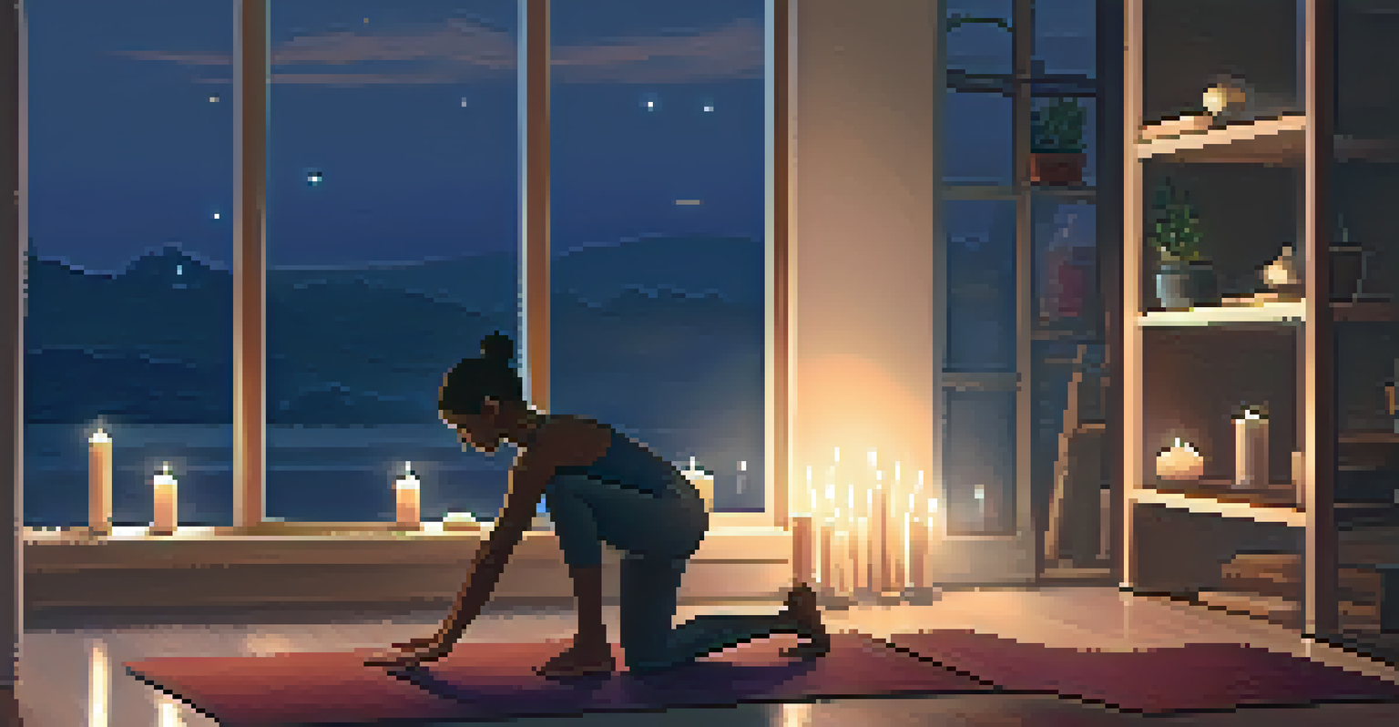 A person practicing evening yoga in a softly lit room, with candles and a journal nearby.