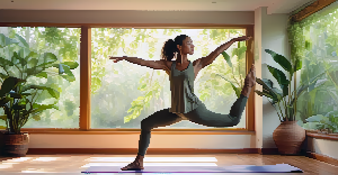 A person practicing Vinyasa yoga in a sunlit room with plants, captured in a graceful pose.