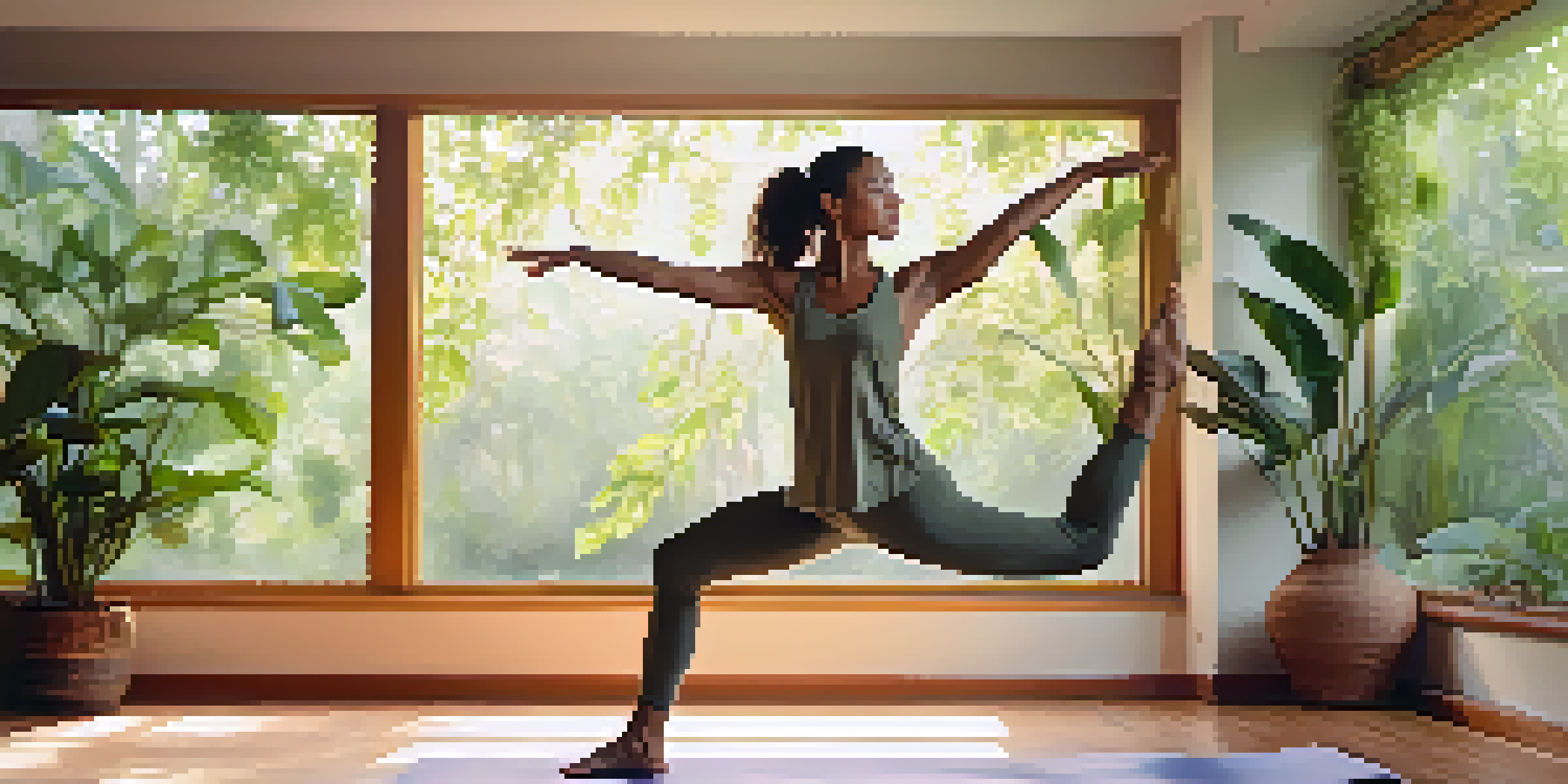 A person practicing Vinyasa yoga in a sunlit room with plants, captured in a graceful pose.