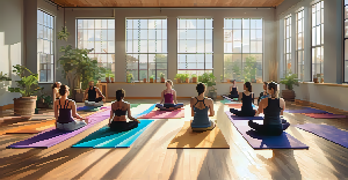 A diverse group of individuals practicing Vinyasa Yoga in a sunlit studio with wooden floors and colorful mats.