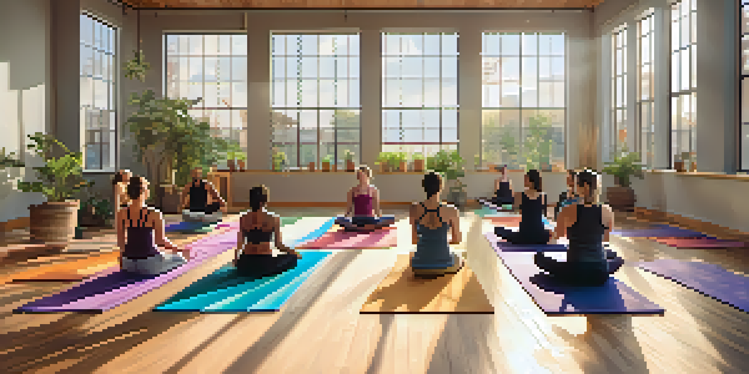 A diverse group of individuals practicing Vinyasa Yoga in a sunlit studio with wooden floors and colorful mats.