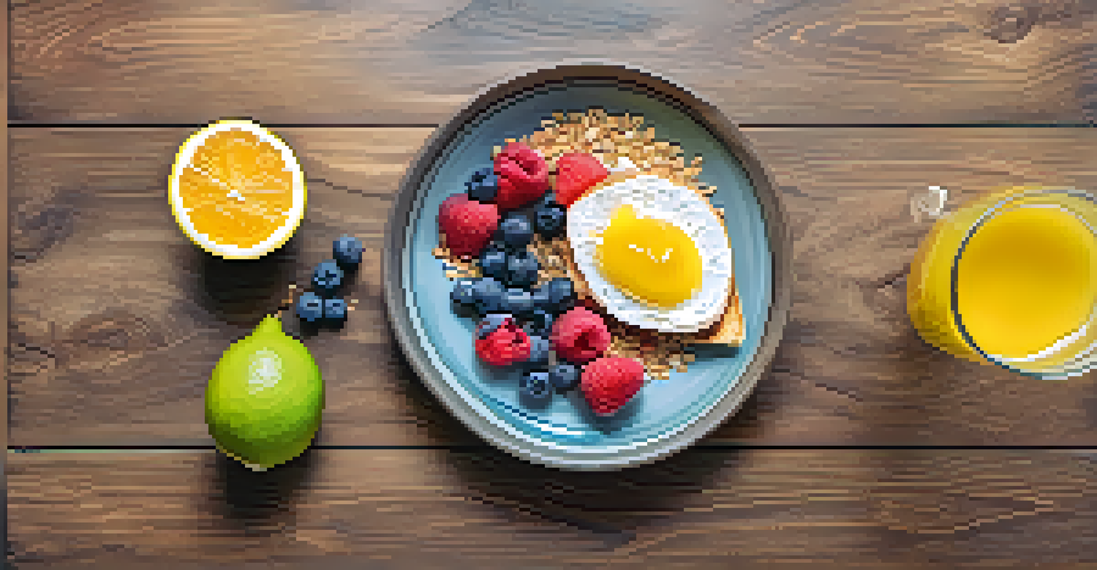 A colorful breakfast with fruits, whole grains, and lemon water on a wooden table.
