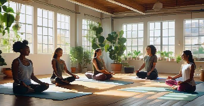 A group of women practicing restorative yoga in a bright studio.