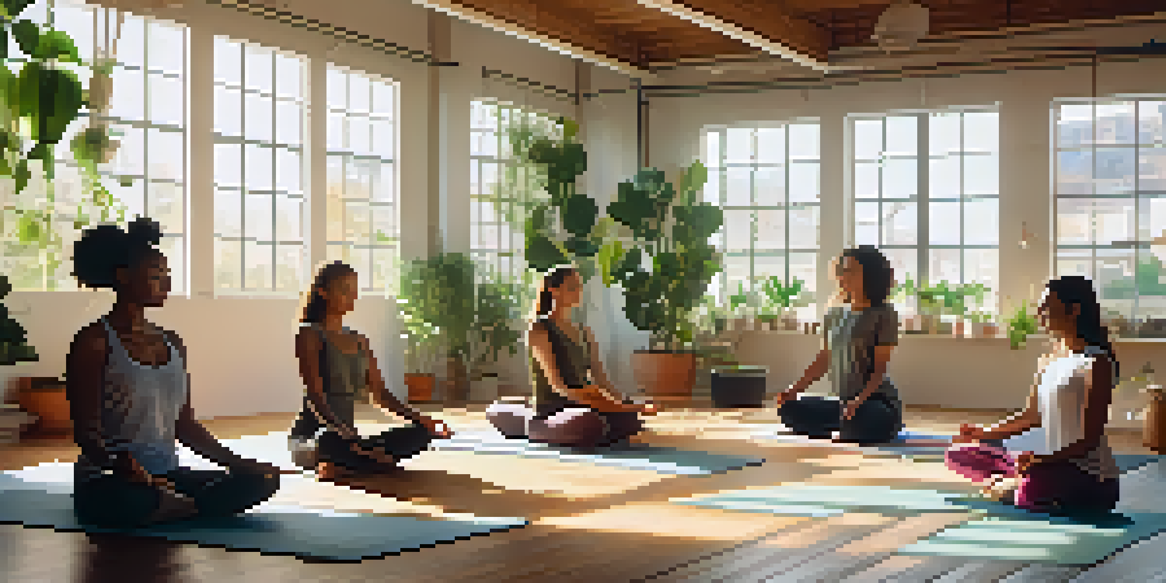 A group of women practicing restorative yoga in a bright studio.