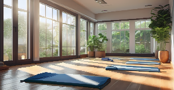 A peaceful yoga studio filled with natural light, featuring a yoga mat in the center surrounded by plants and candles, promoting a serene atmosphere.