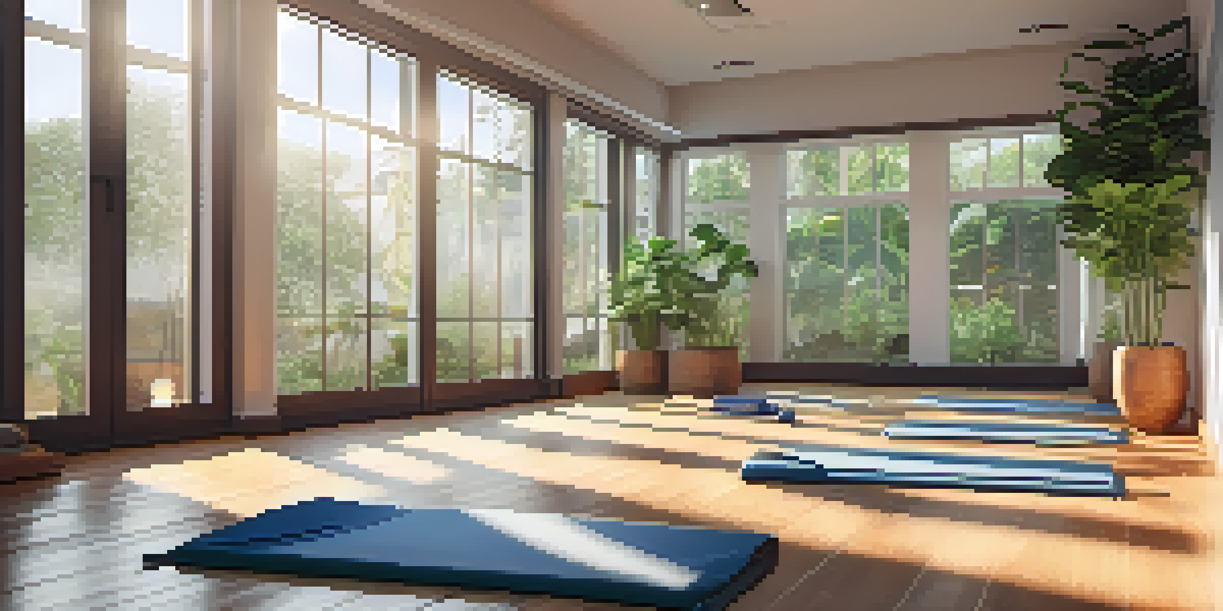A peaceful yoga studio filled with natural light, featuring a yoga mat in the center surrounded by plants and candles, promoting a serene atmosphere.