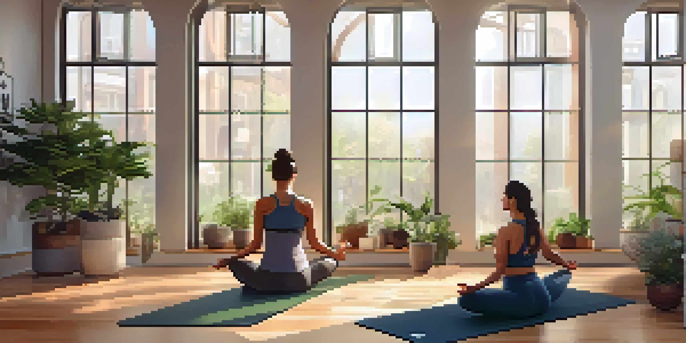 A peaceful yoga studio with natural light, wooden floors, and a person practicing yoga, surrounded by plants and candles.